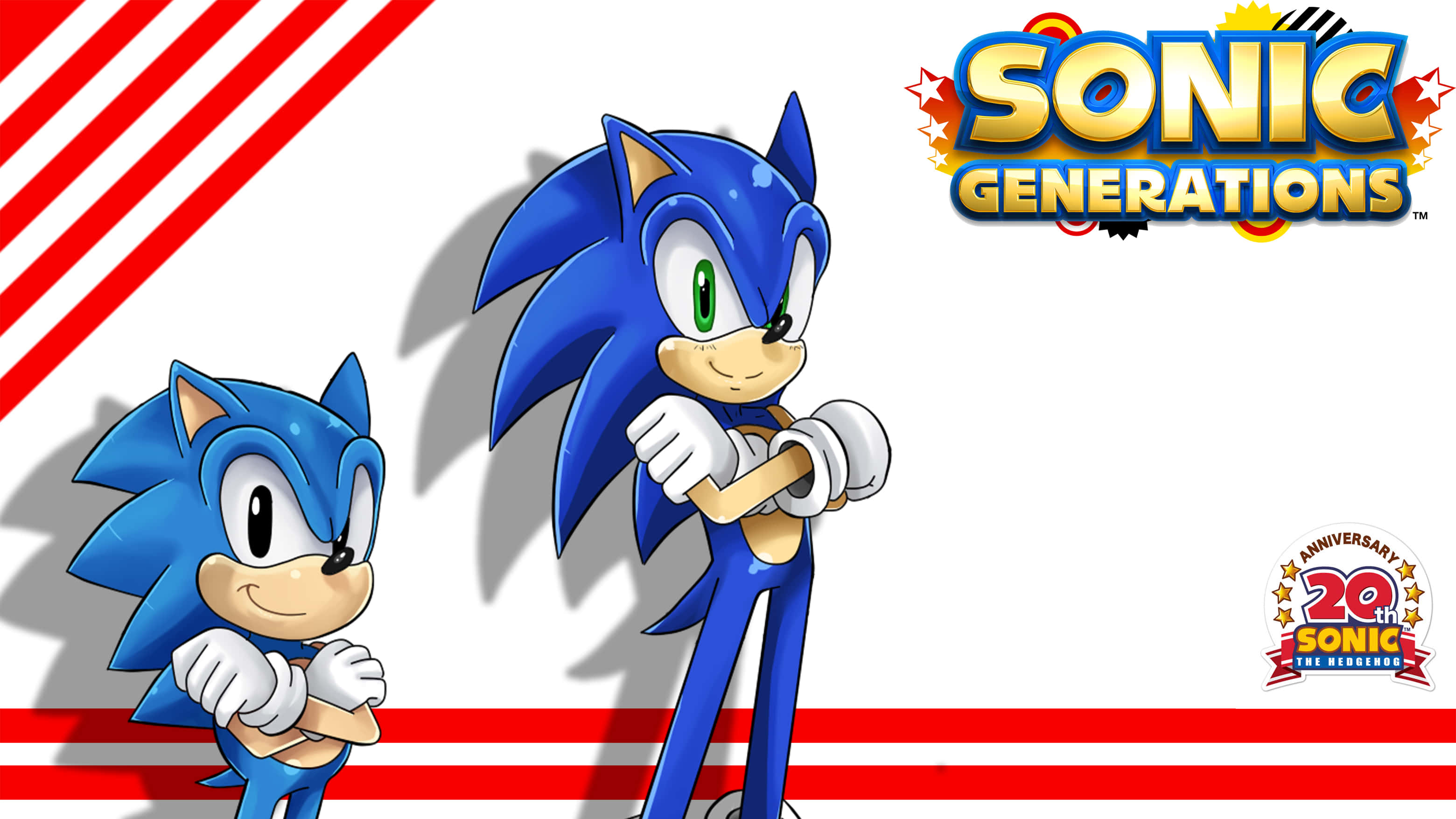 Modern Sonic 桌布 壁紙 — 兩個版本的音速小子自信地站在紅白條紋背景前，並帶有遊戲標題標誌。