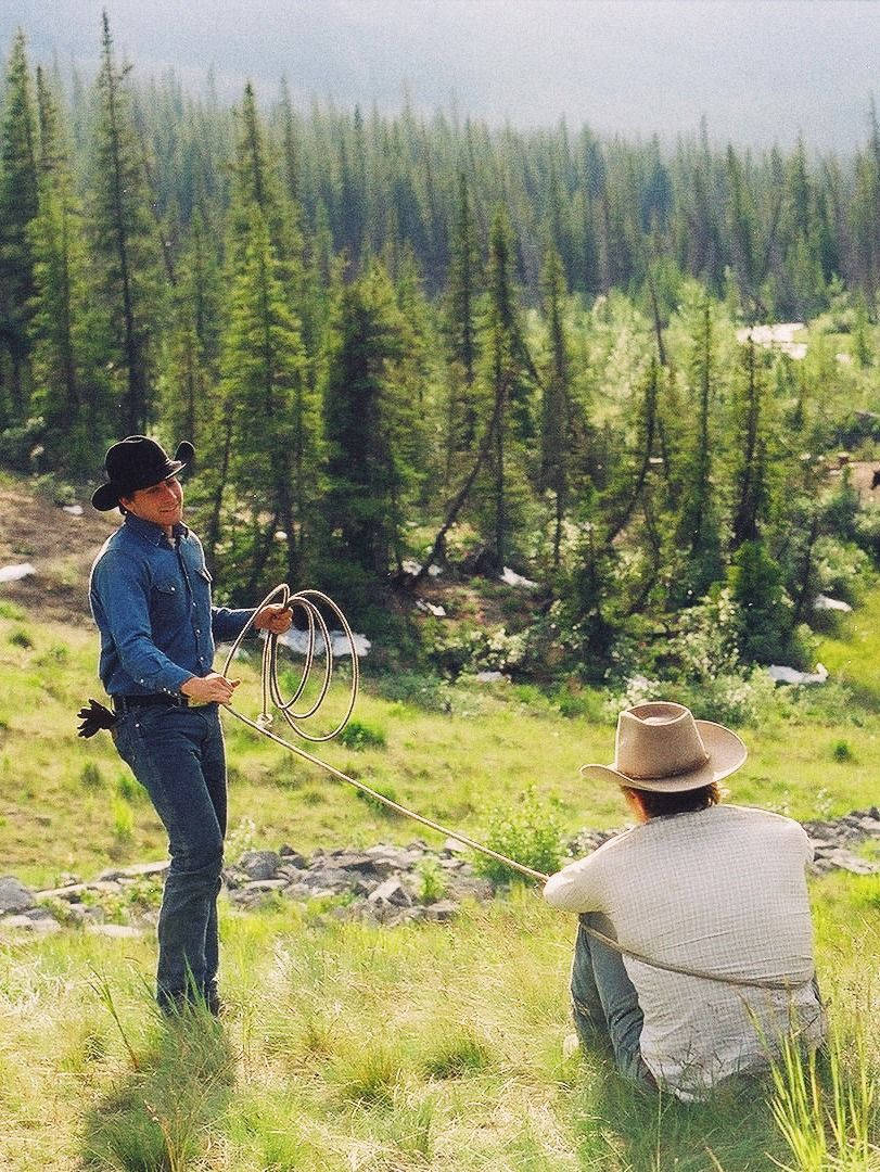 brokeback mountain 桌布 壁紙 — 兩個牛仔，一個站著拿著一條捲起的繩子，另一個背對著坐在一個被茂密松樹包圍的草坡上。