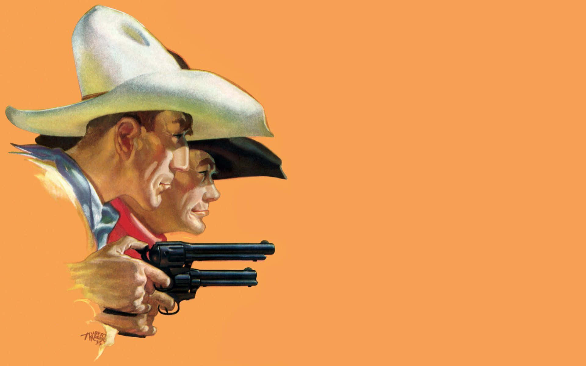 Wild West 桌布 壁紙 — 兩個牛仔側面共享一支左輪手槍，背景為純橙色，以經典插畫風格呈現。