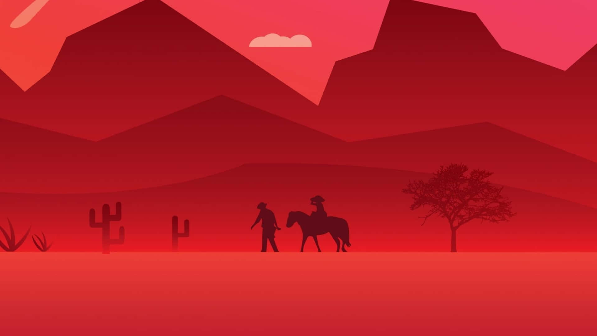 Game Art 桌布 壁紙 — 兩個牛仔的剪影，一個騎馬，一個步行，穿越沙漠，天空呈漸變紅色，有山脈、仙人掌和一棵孤樹。