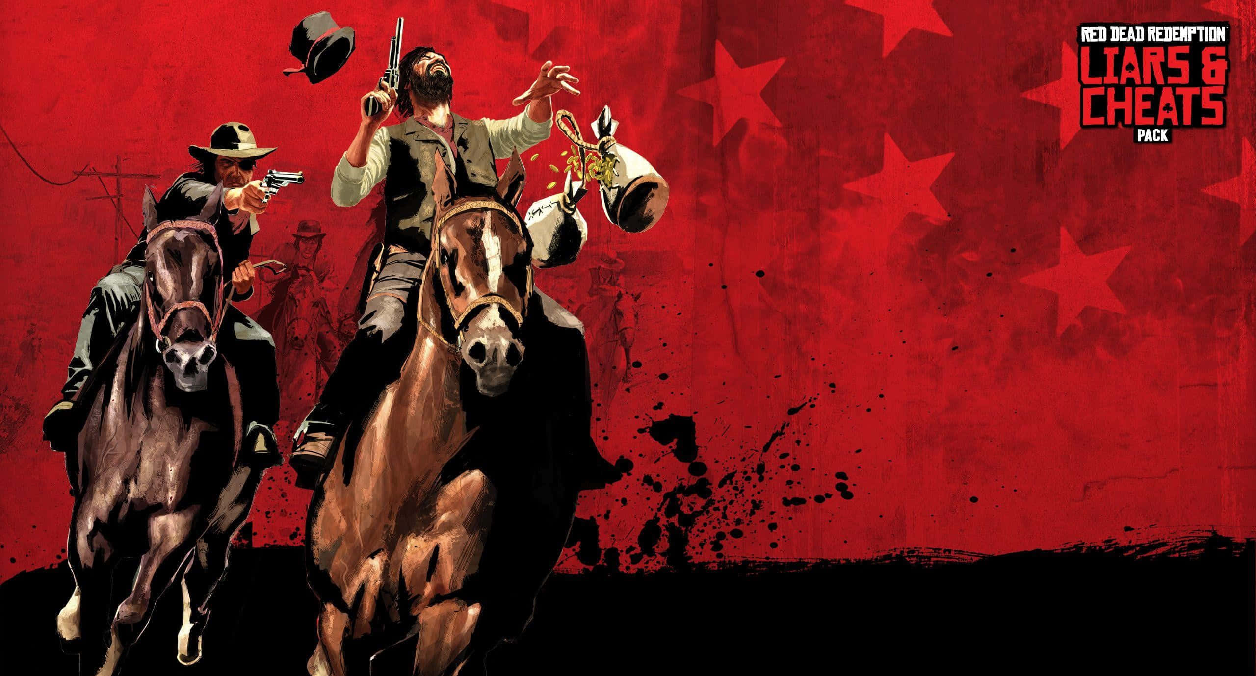 Red Dead Redemption 2 Pc 桌布 壁紙 — 兩個牛仔騎著奔騰的馬，在鮮明的紅色星空背景下瞄準手槍，呈現出 gritty 的西部場景。
