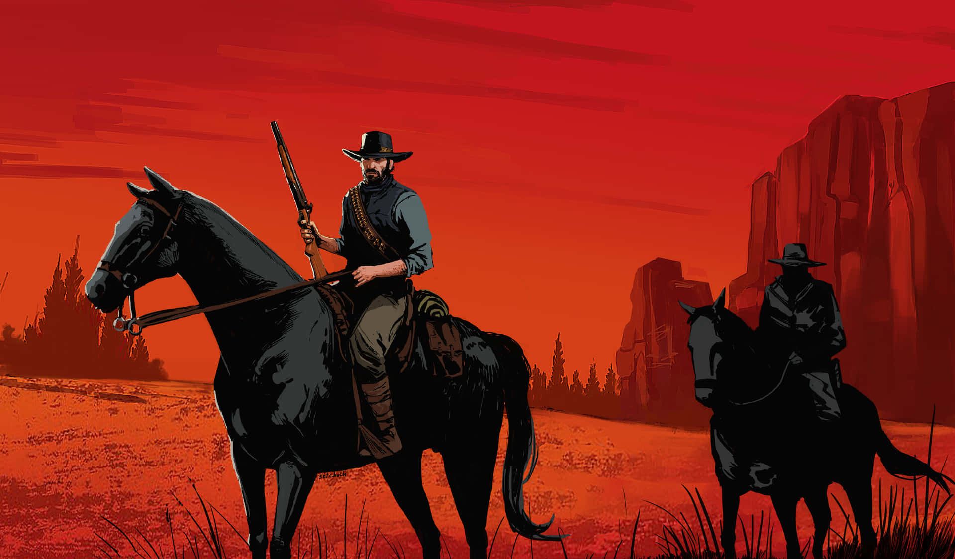 Red Dead Redemption 4K 桌布 壁紙 — 兩個牛仔騎馬穿過深紅色的沙漠峽谷，在日落時分，天空呈現戲劇性的紅色。