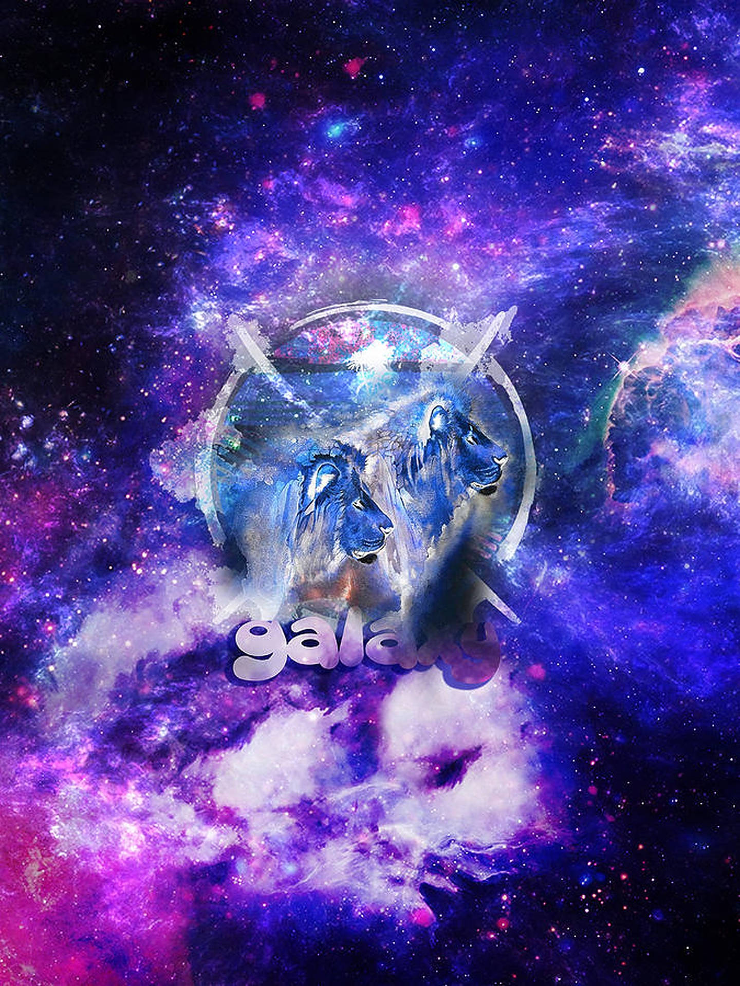 宇宙球體中的兩個獅子頭，被紫色和藍色星雲環繞。 — 銀河獅子 壁紙