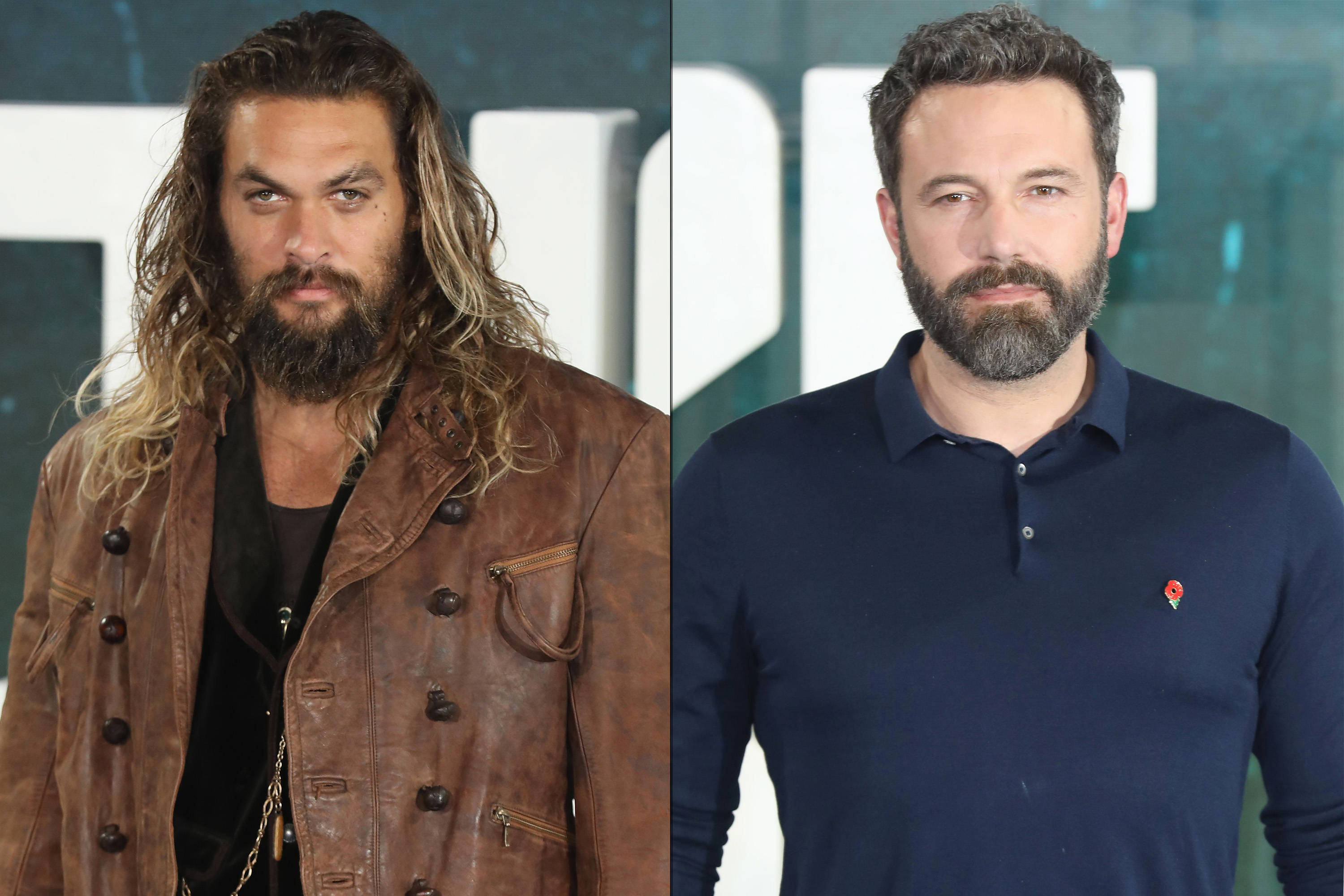 Ben Affleck 桌布 壁紙 — 兩個獨立肖像中的男人，一個長髮穿皮夾克，另一個穿海軍藍Polo衫。