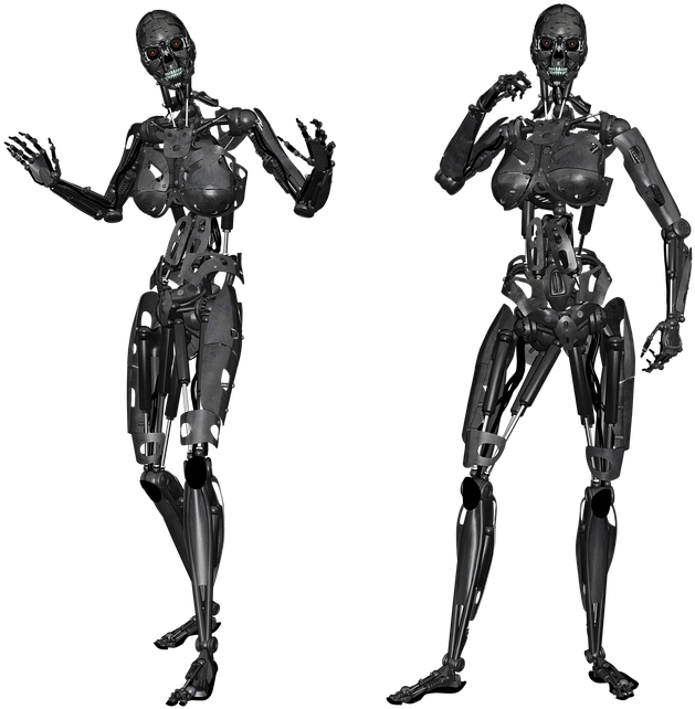 Robotics 桌布 壁紙 — 兩個生物力學女性機器人，帶有暴露的骨骼框架和發光的紅色眼睛，站在黑色背景前。
