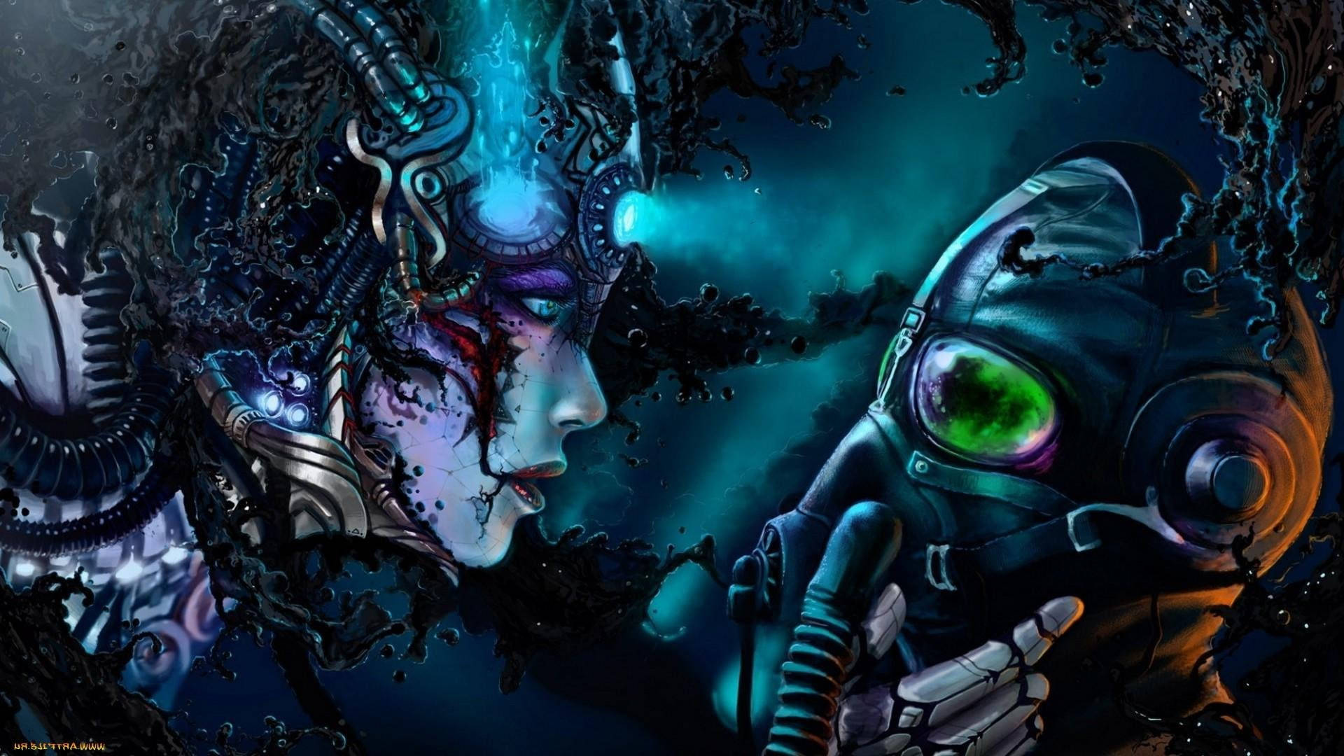 Goth 桌布 壁紙 — 兩個生物機械人物，眼睛發光，機械結構複雜，在深藍綠色的水下環境中面對面。