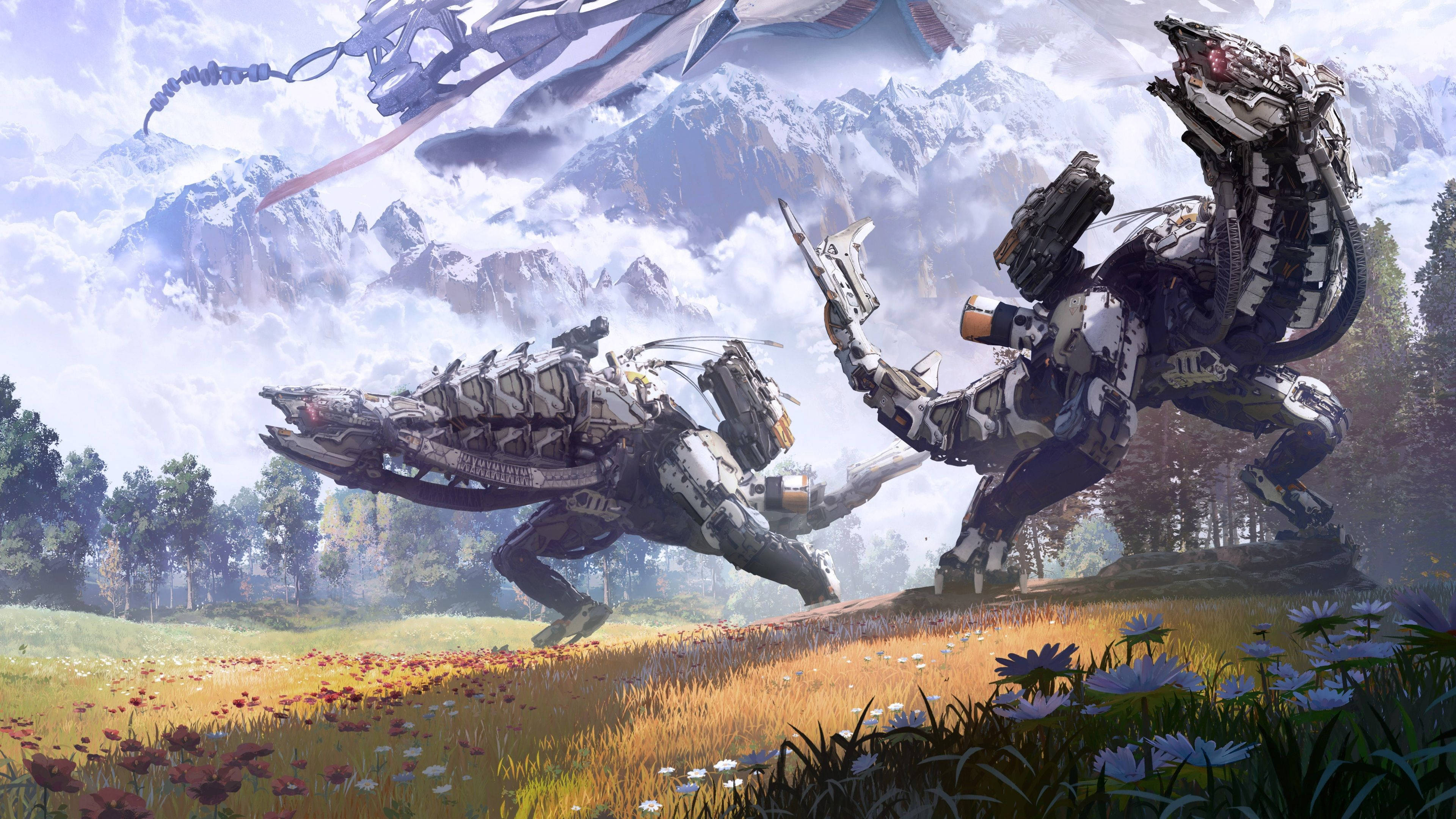 Horizon 桌布 壁紙 — 兩個生物機械生物在陽光明媚的草地上戰鬥，背景有雪山和飛行機器。