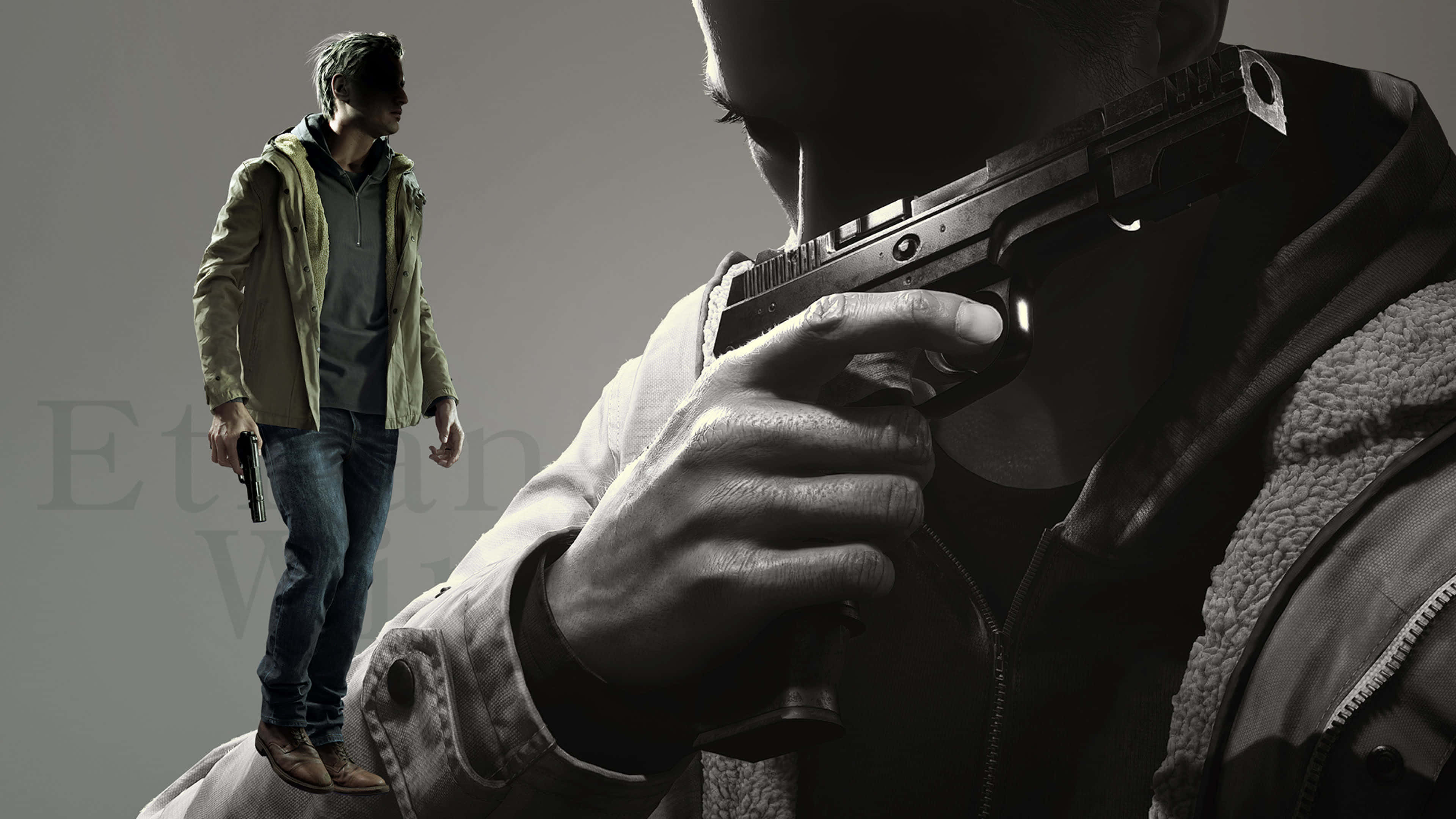 Resident Evil Characters 桌布 壁紙 — 兩個男人之間的緊張對峙，一個將槍指向自己的頭，另一個則冷靜地手持手槍站立。