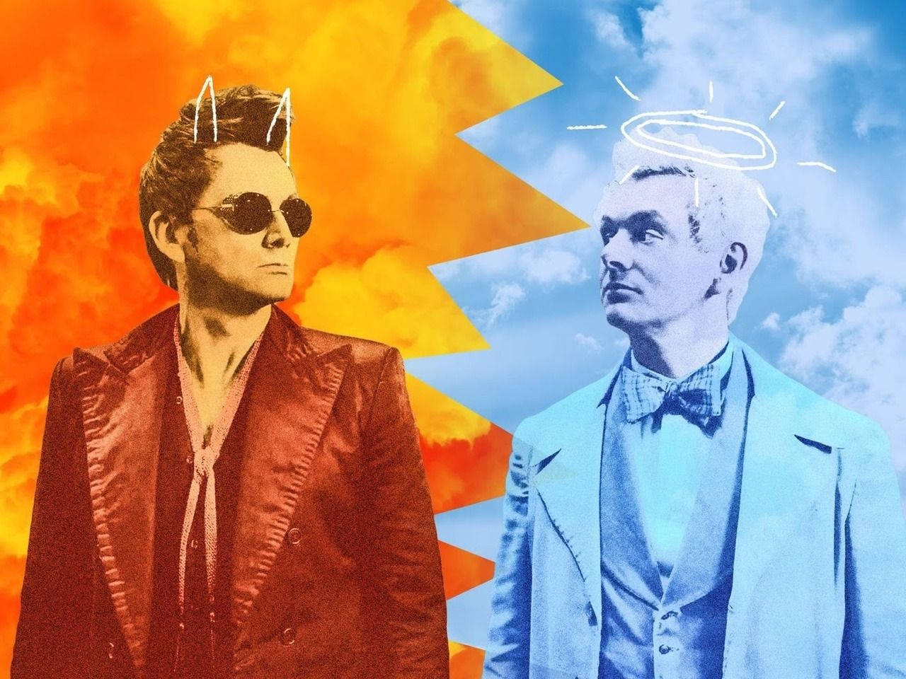 Good Omens 桌布 壁紙 — 兩個男人以對比的紅色和藍色色調，在火熱和天堂般的背景下互相面對。