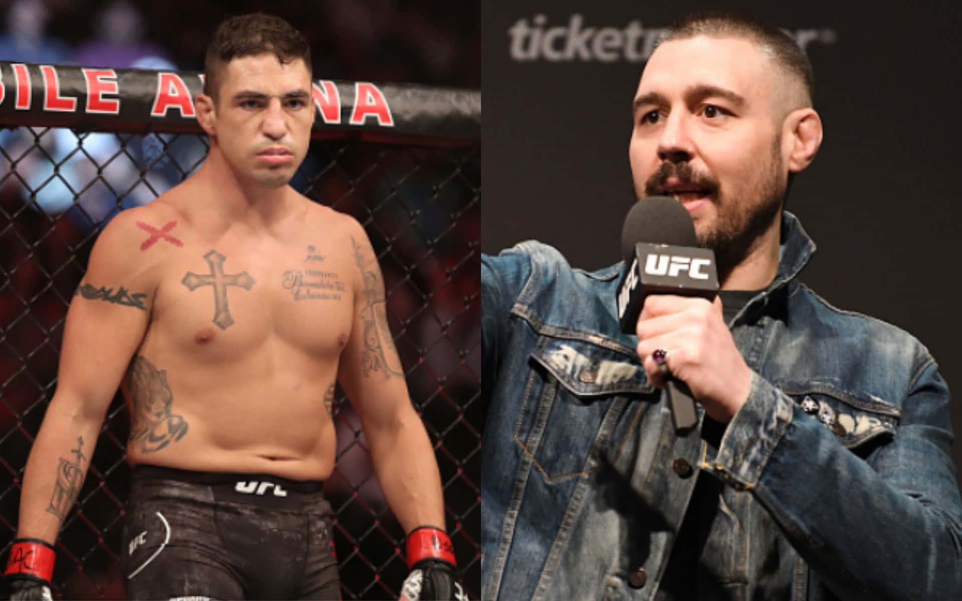 MMA 桌布 壁紙 — 兩個男人在UFC場景中，一個拳手在八角籠內，另一個對著麥克風說話。