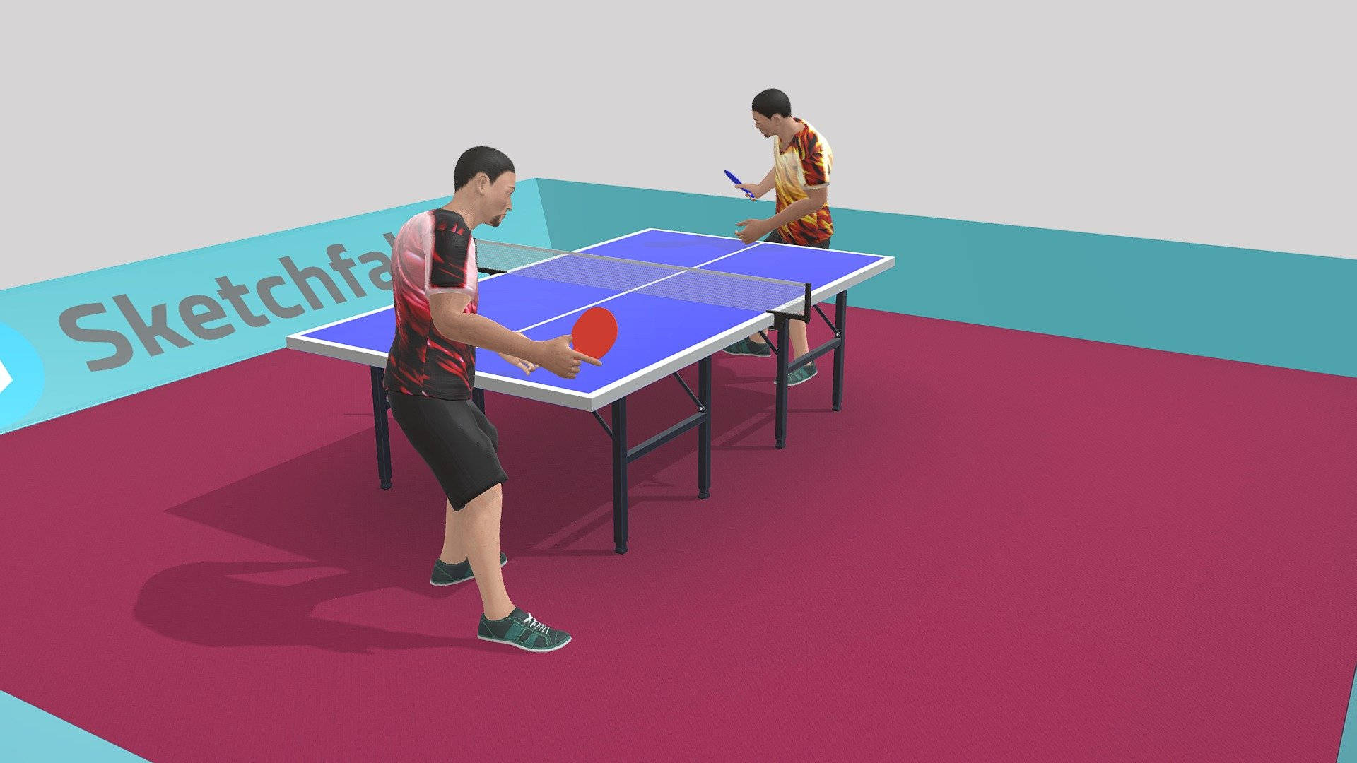Table Tennis 桌布 壁紙 — 兩個男人在一個簡約的3D渲染房間中，在藍色桌子和紅色地板上打乒乓球。