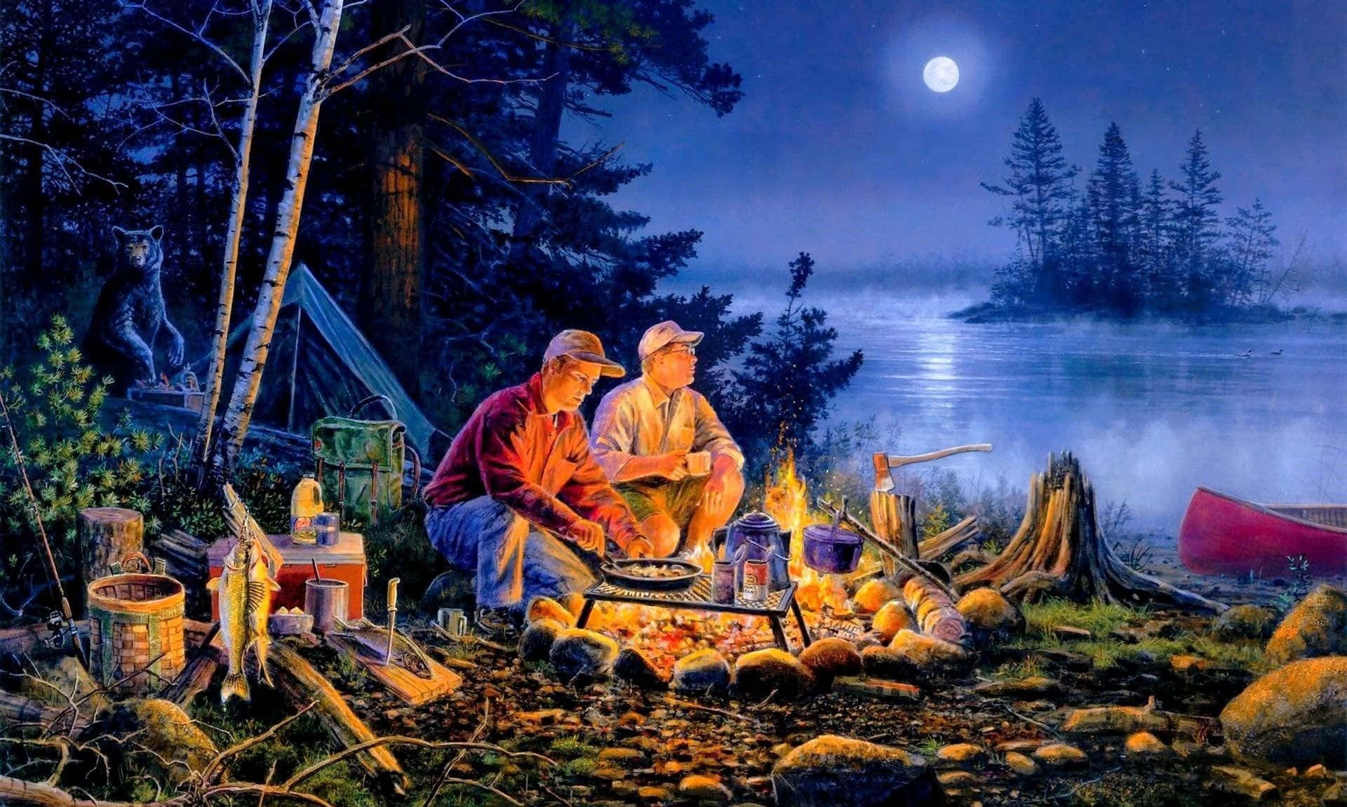 Campfire 桌布 壁紙 — 兩個男人在滿月下、霧氣瀰漫的湖邊營火旁烤棉花糖，一隻熊從樹林中觀望。