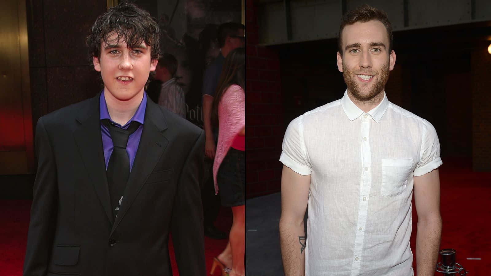 Neville Longbottom 桌布 壁紙 — 兩個男人在紅地毯上擺姿勢，一個穿著黑色西裝配紫色襯衫，另一個穿著白色襯衫，兩人都對著鏡頭微笑。