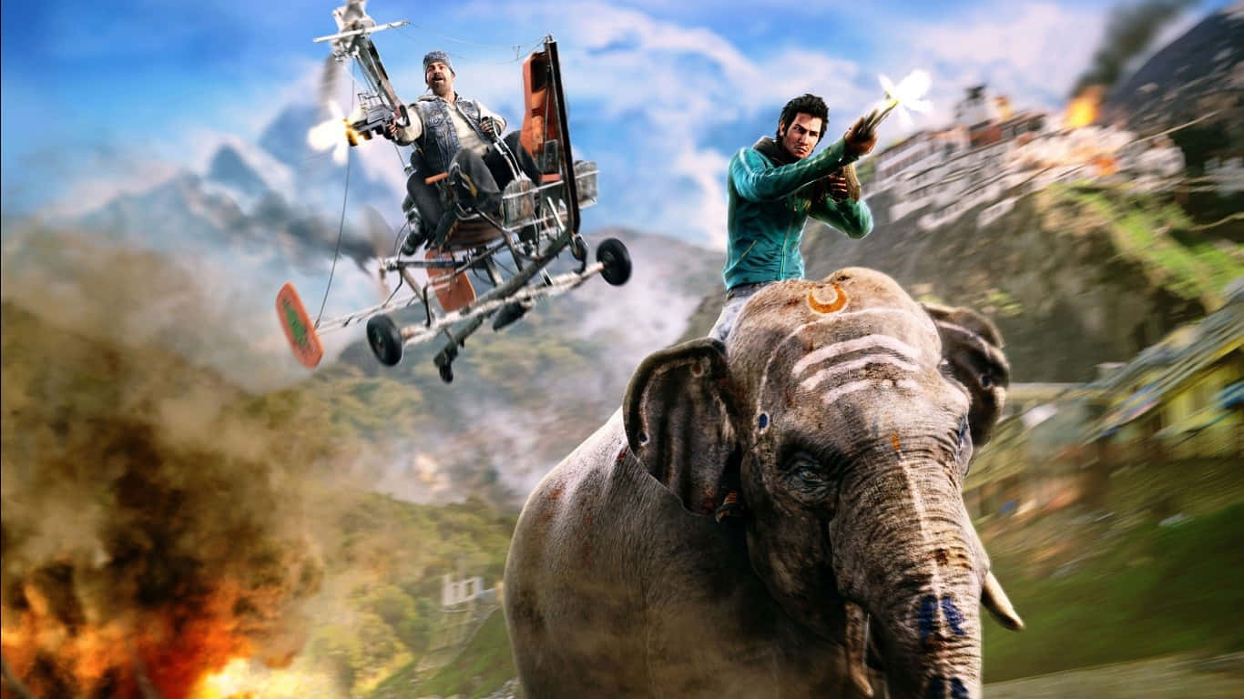 1366x768 Far Cry 5 桌布 壁紙 — 兩個男人在行動中，一個騎著大象，另一個駕駛臨時直升機飛過有爆炸的山地戰場。