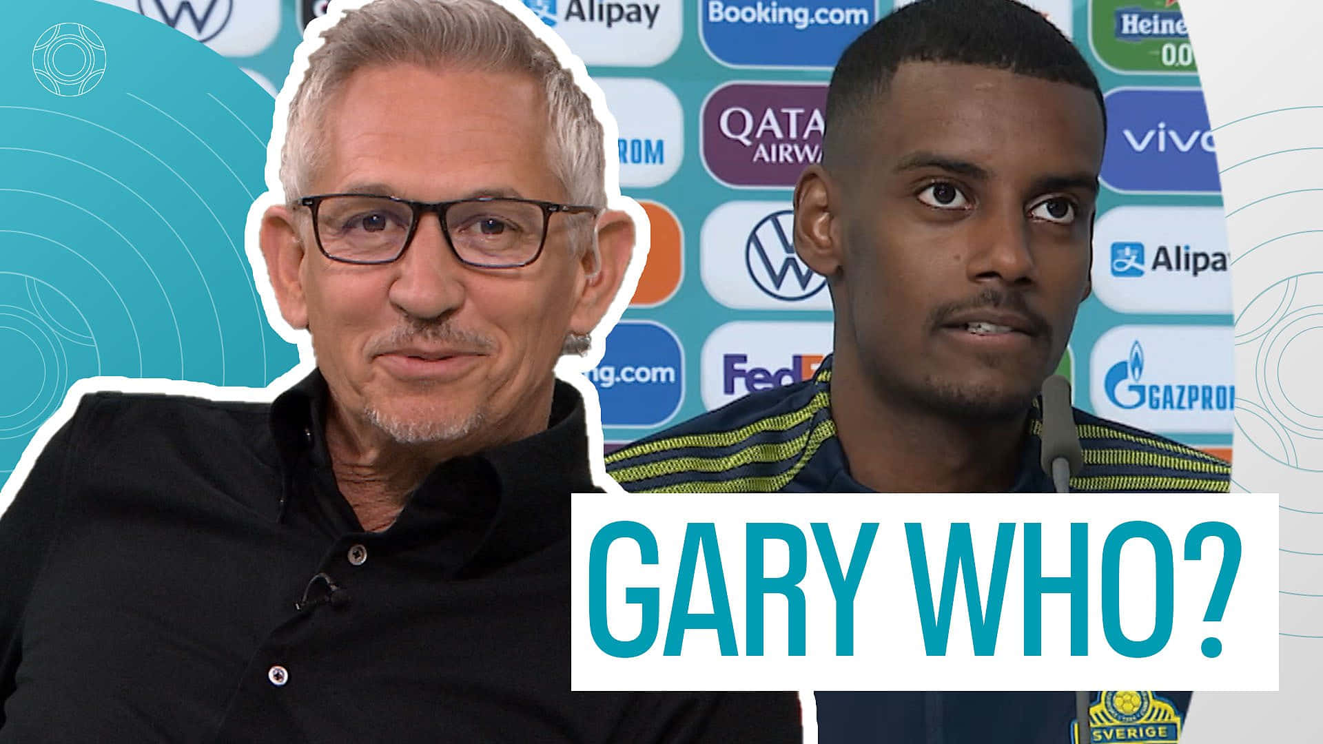 足球 桌布 壁紙 — 兩個男人在贊助牆前，牆上有粗體字問「GARY WHO？」