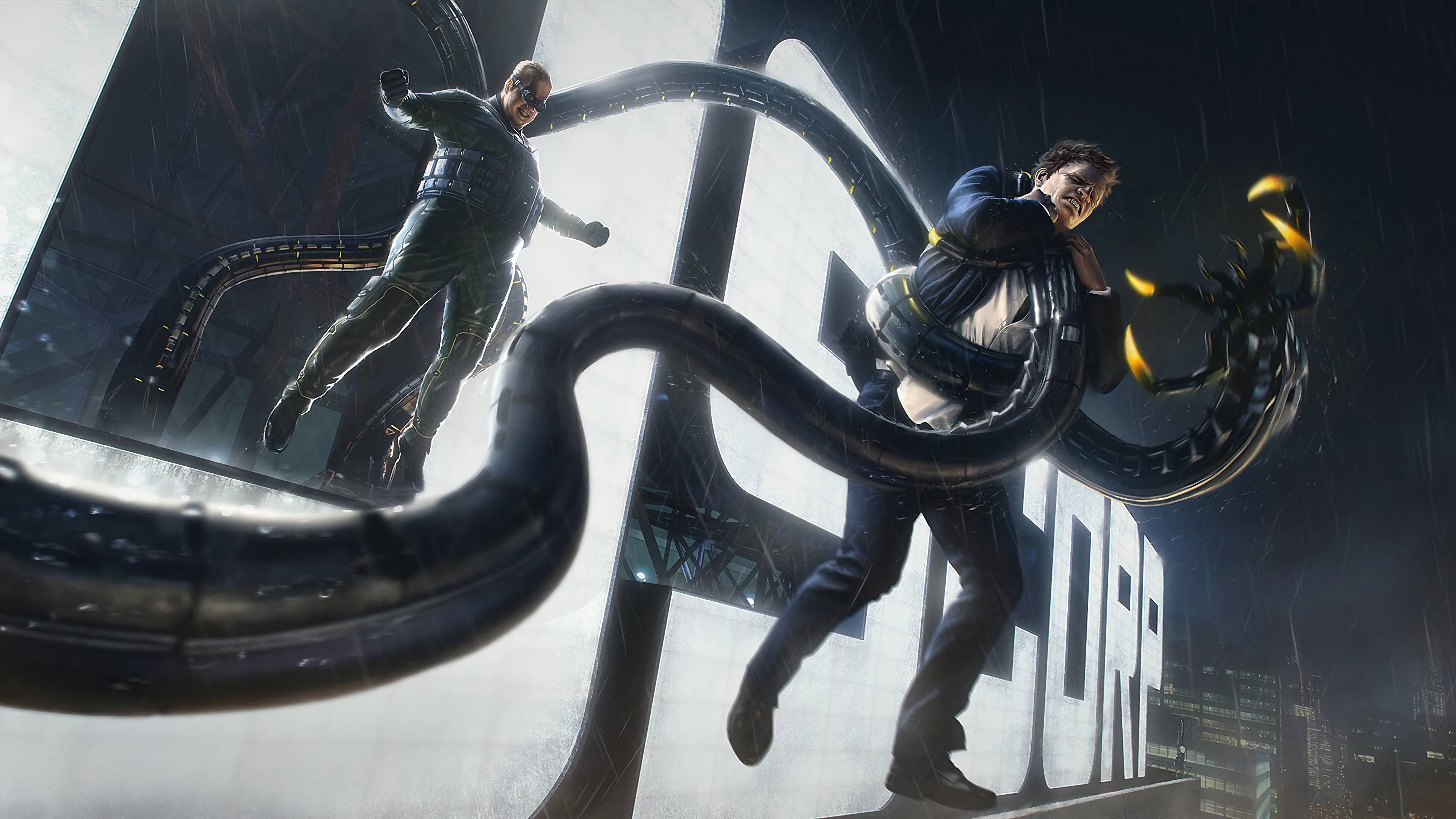 Doctor Octopus 桌布 壁紙 — 兩個男人在雨中的城市環境中與巨大的黑色觸手搏鬥，帶有黃色發光點綴。