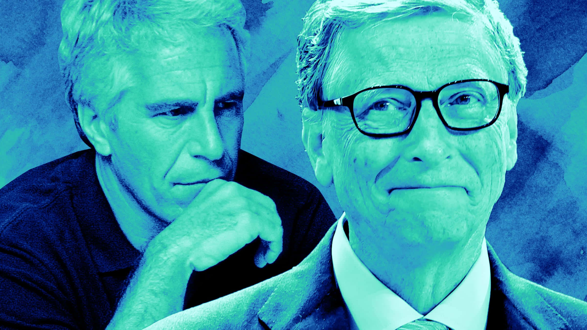 Bill Gates And Epstein 桌布 壁紙 — 兩個男人在青色色調的肖像中，一個沉思著手托下巴，另一個戴著眼鏡微笑。