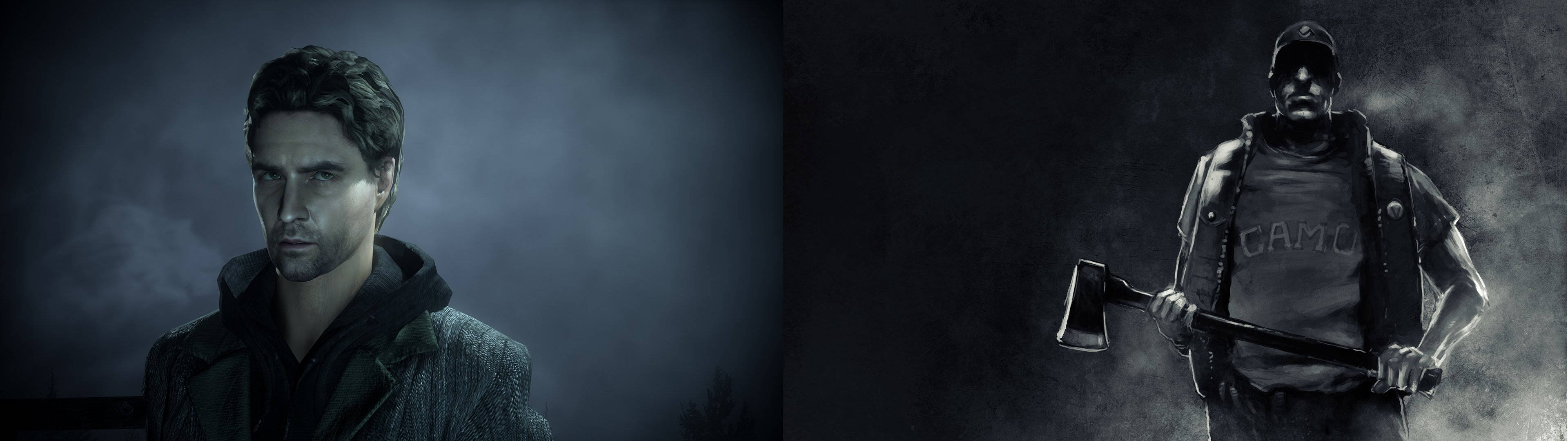 Gaming Dual Screen 桌布 壁紙 — 兩個男人在黑暗、煙霧彌漫的環境中，一個穿連帽衫，另一個拿著斧頭，兩人都表情強烈。