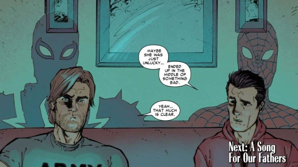 Flash Thompson 桌布 壁紙 — 兩個男人坐在昏暗的房間裡，牆上有蜘蛛人的剪影，他們正在討論漫畫格中的一個悲劇事件。