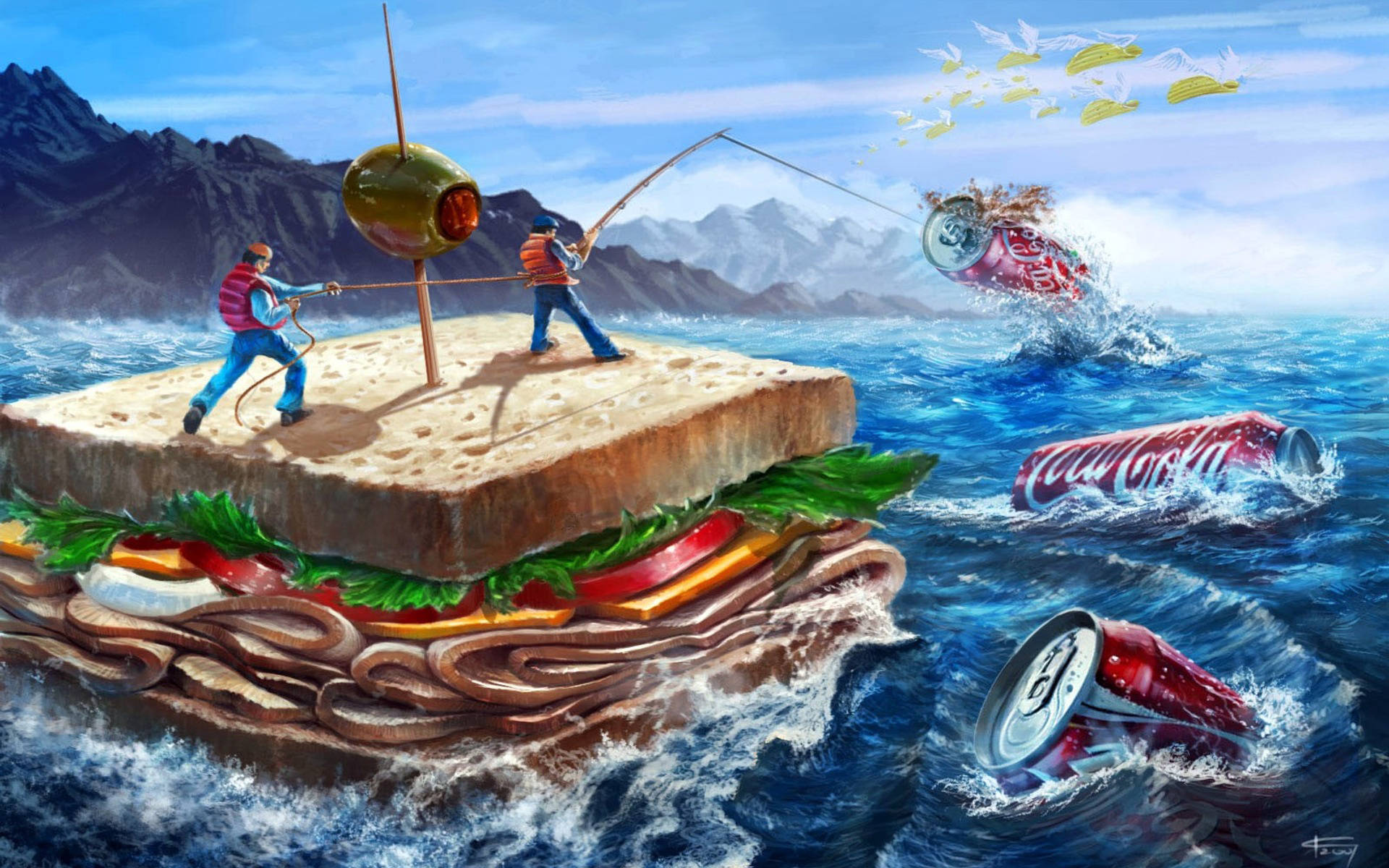 兩個男人在卡通海洋中從巨型三明治上釣魚，旁邊有汽水罐。 — 釣魚 GIF 壁紙