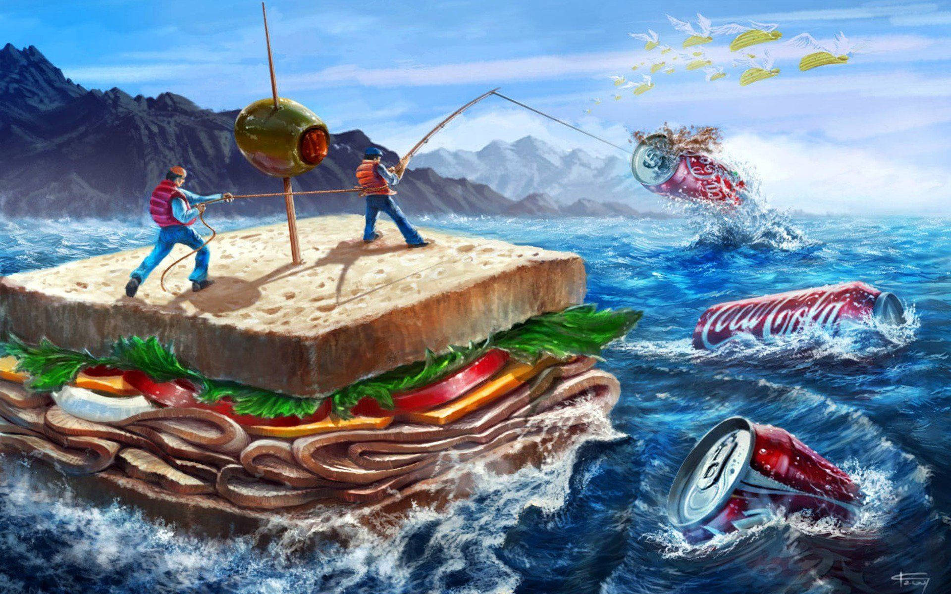 釣魚 桌布 壁紙 — 兩個男人從一個漂浮在波濤洶湧的海浪上的巨型三明治中釣魚，同時捕捉汽水罐。