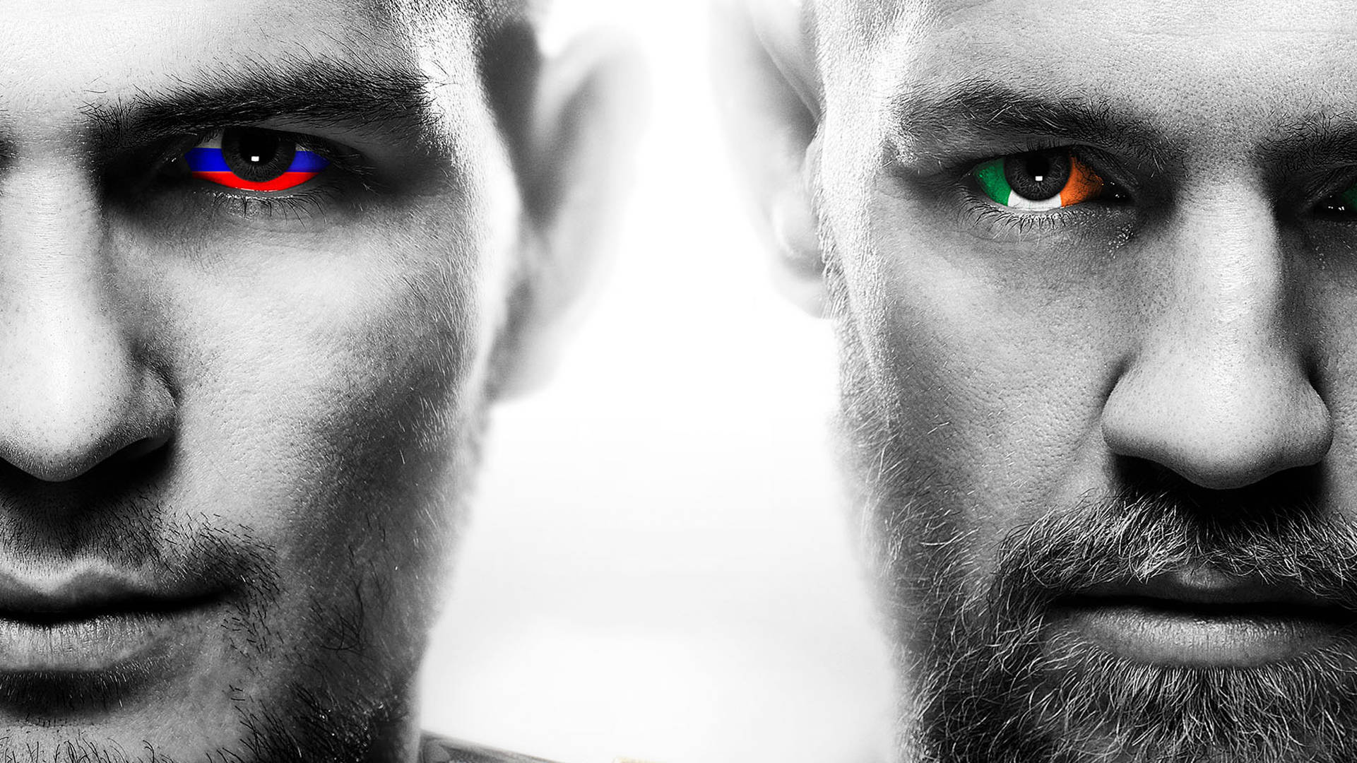 Mcgregor 桌布 壁紙 — 兩個男人的強烈面孔，黑白對比，虹膜色彩鮮豔，一個紅藍，另一個綠橙。