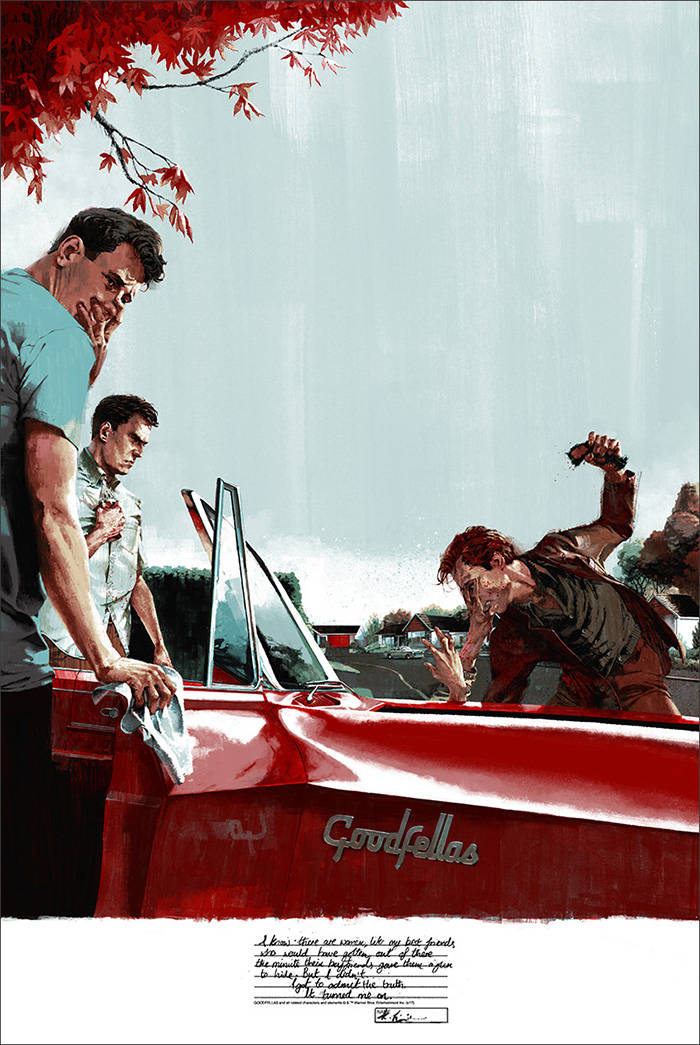 goodfellas 桌布 壁紙 — 兩個男人站在一輛紅色復古車旁，第三個穿紅衫的男人在秋葉下向他們撲去。