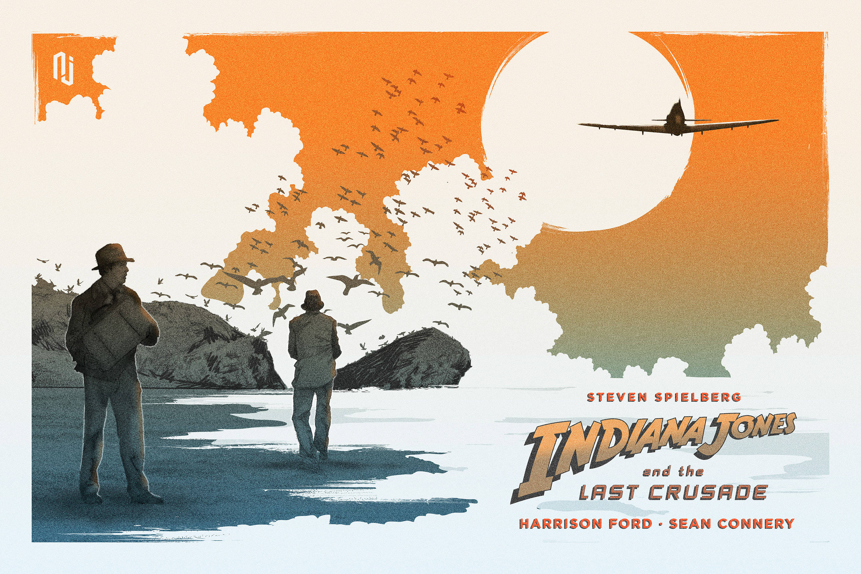 Indiana Jones 桌布 壁紙 — 兩個男人站在沙灘上，看著飛機飛過夕陽天空，鳥兒在岩石峭壁上翱翔。