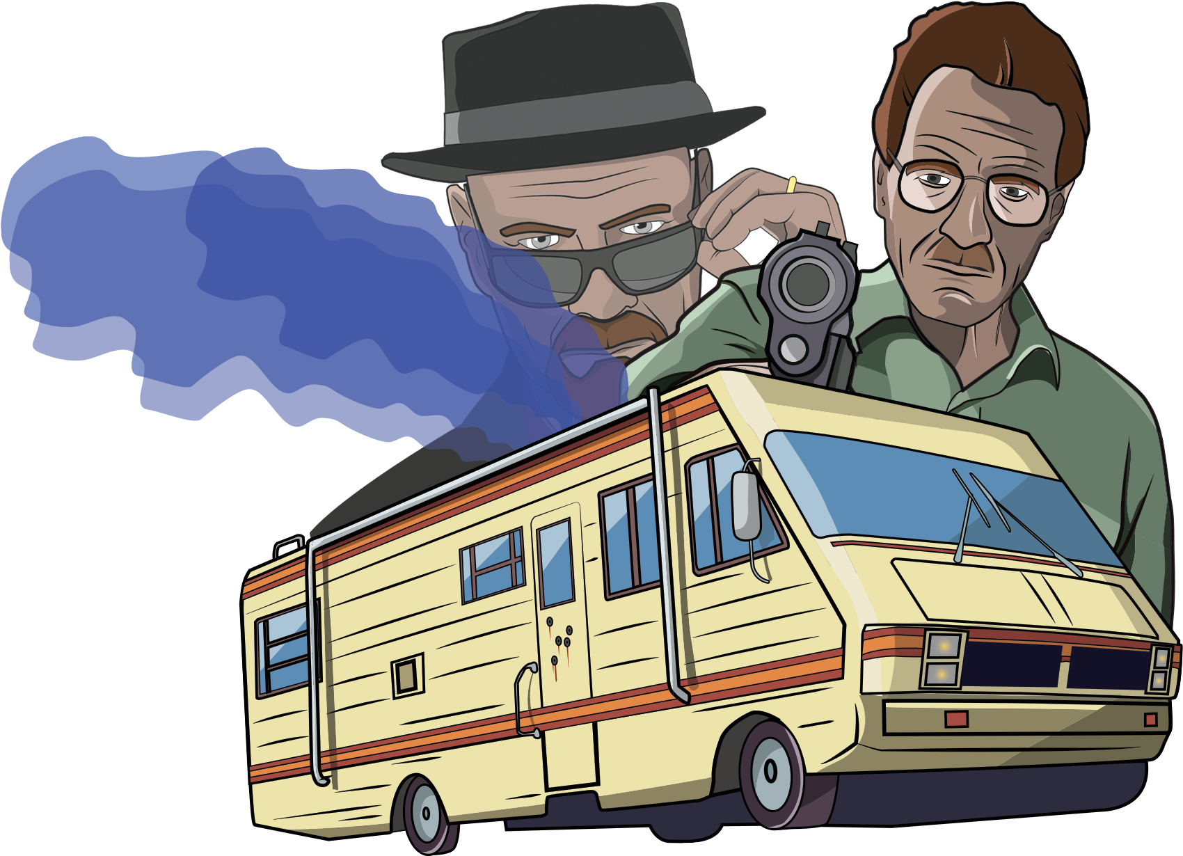 Characters 桌布 壁紙 — 兩個男人籠罩在一輛黃色露營車上，一個抽煙，另一個拿著槍，背景是黑色。