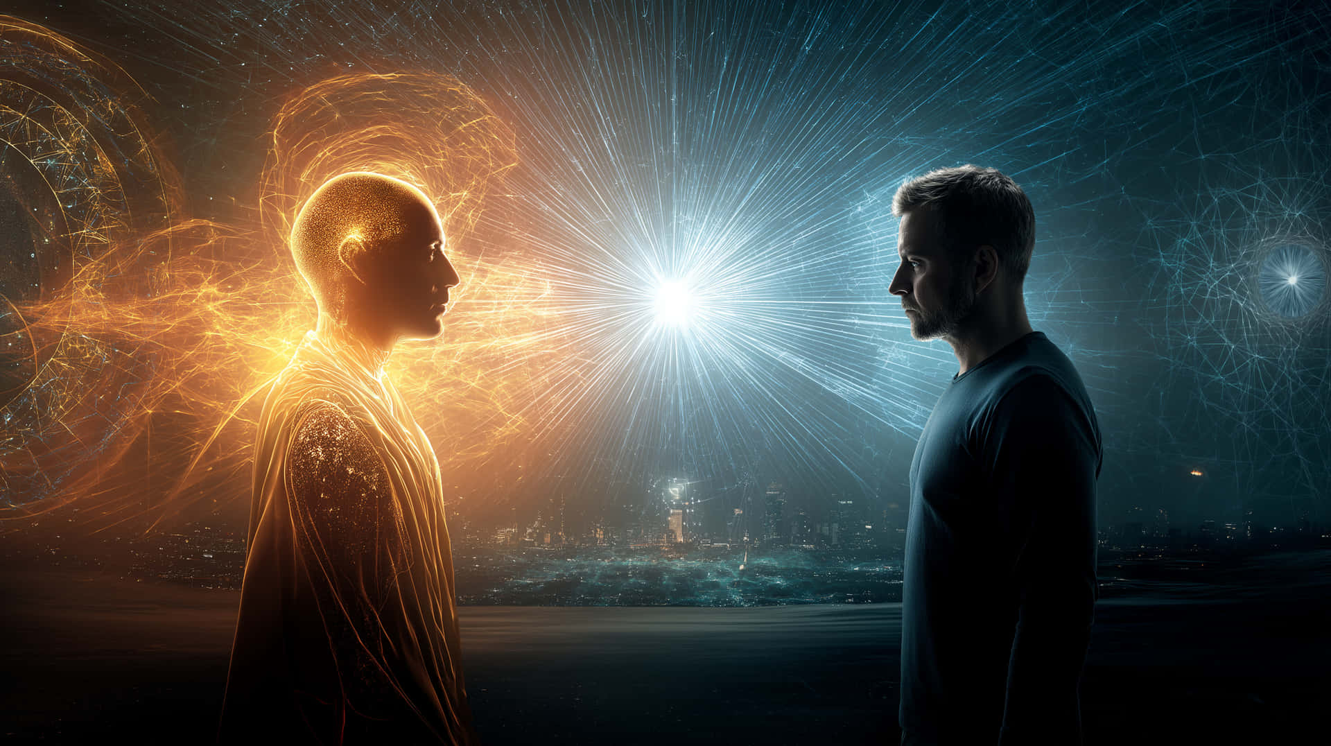 Cosmic Encounter: Human and Energy Being in Parallel Worlds 壁紙 — 兩個男人隔著一道發光的宇宙裂縫面對面，一個散發著金色能量，另一個則籠罩在冷藍色的光芒中。