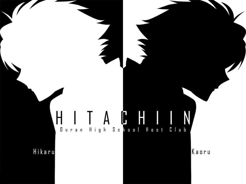 Kaoru Hitachiin 桌布 壁紙 — 兩個男孩面對面的黑白動畫剪影，中間有粗體文字。