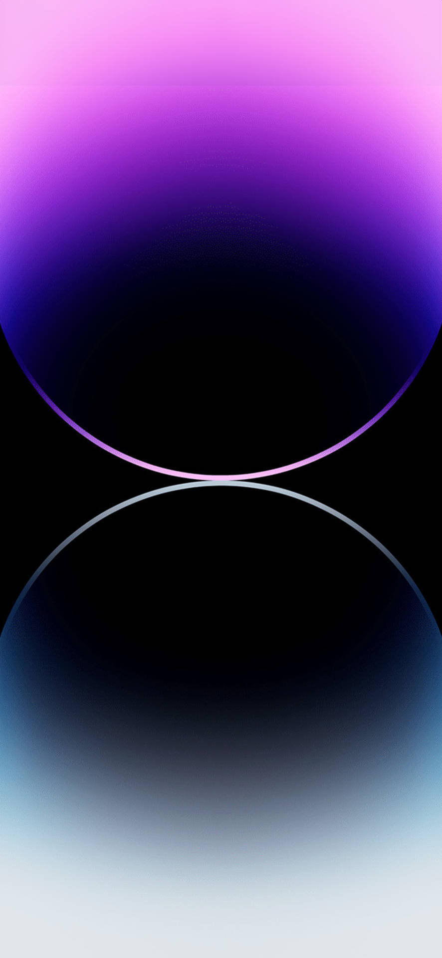 兩個發光漸變球體在黑暗空間中漂浮，一個紫色一個藍色 — iPhone 14 壁紙