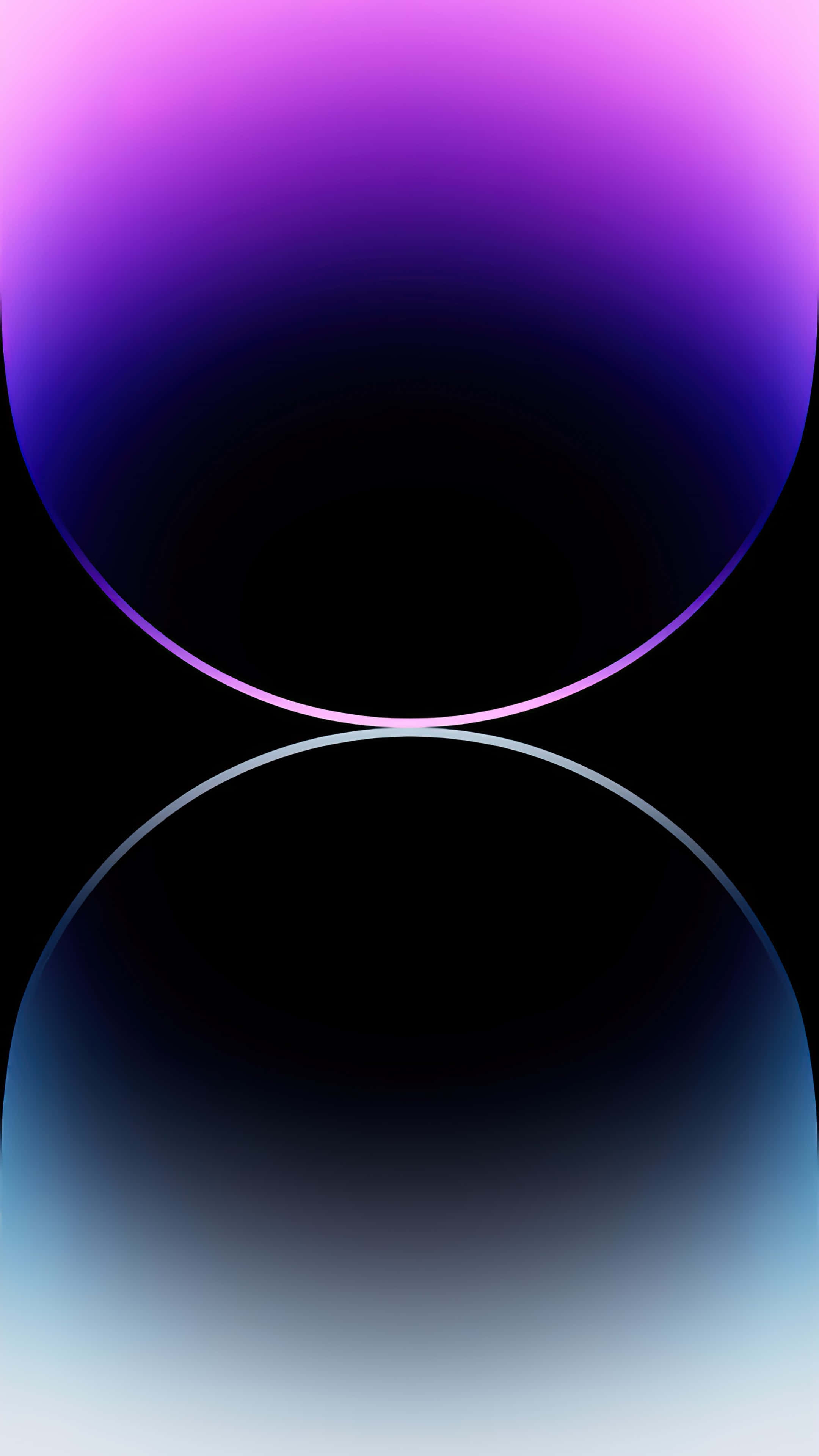 4K Oled 桌布 壁紙 — 兩個發光漸變球體漂浮在黑色背景上，一個紫色，另一個藍色，營造出寧靜的數位抽象場景。