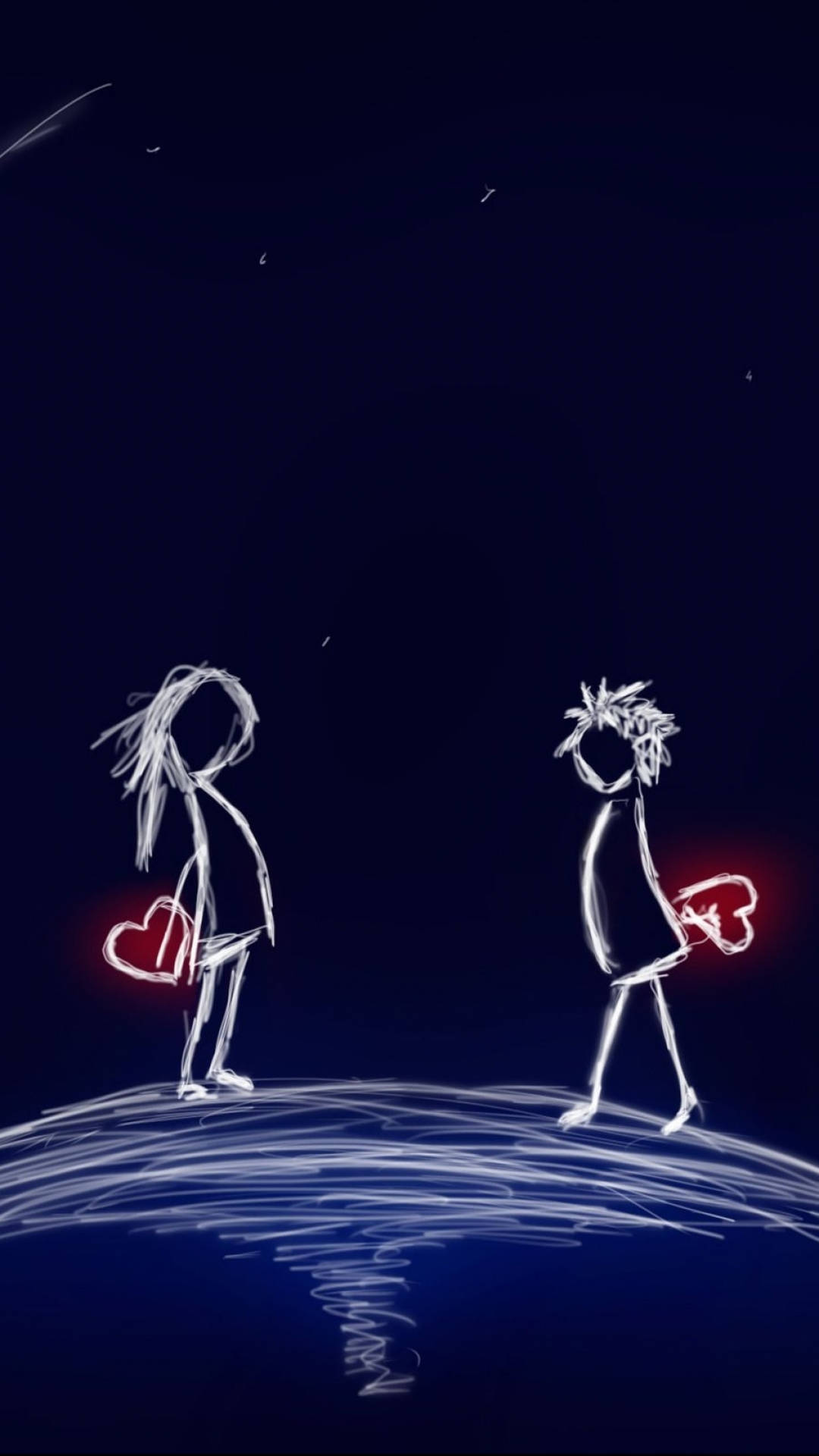 Love Drawings 桌布 壁紙 — 兩個發光火柴人站在波浪上，在星空下手持發光愛心。