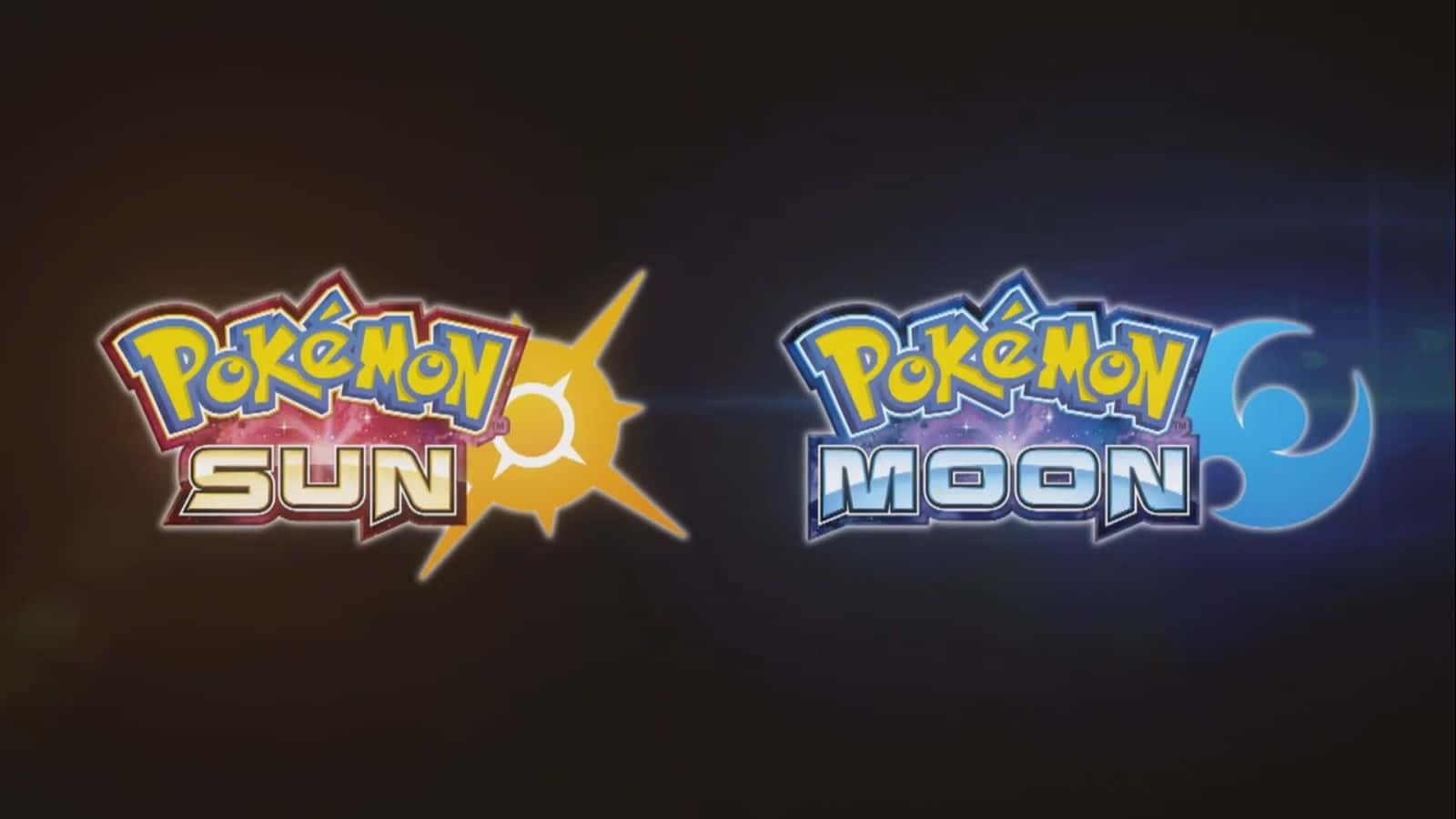 寶可夢 桌布 壁紙 — 兩個發光的 Pokémon 太陽和月亮遊戲標誌在深色漸變背景上閃耀，帶有光芒四射的星爆效果。