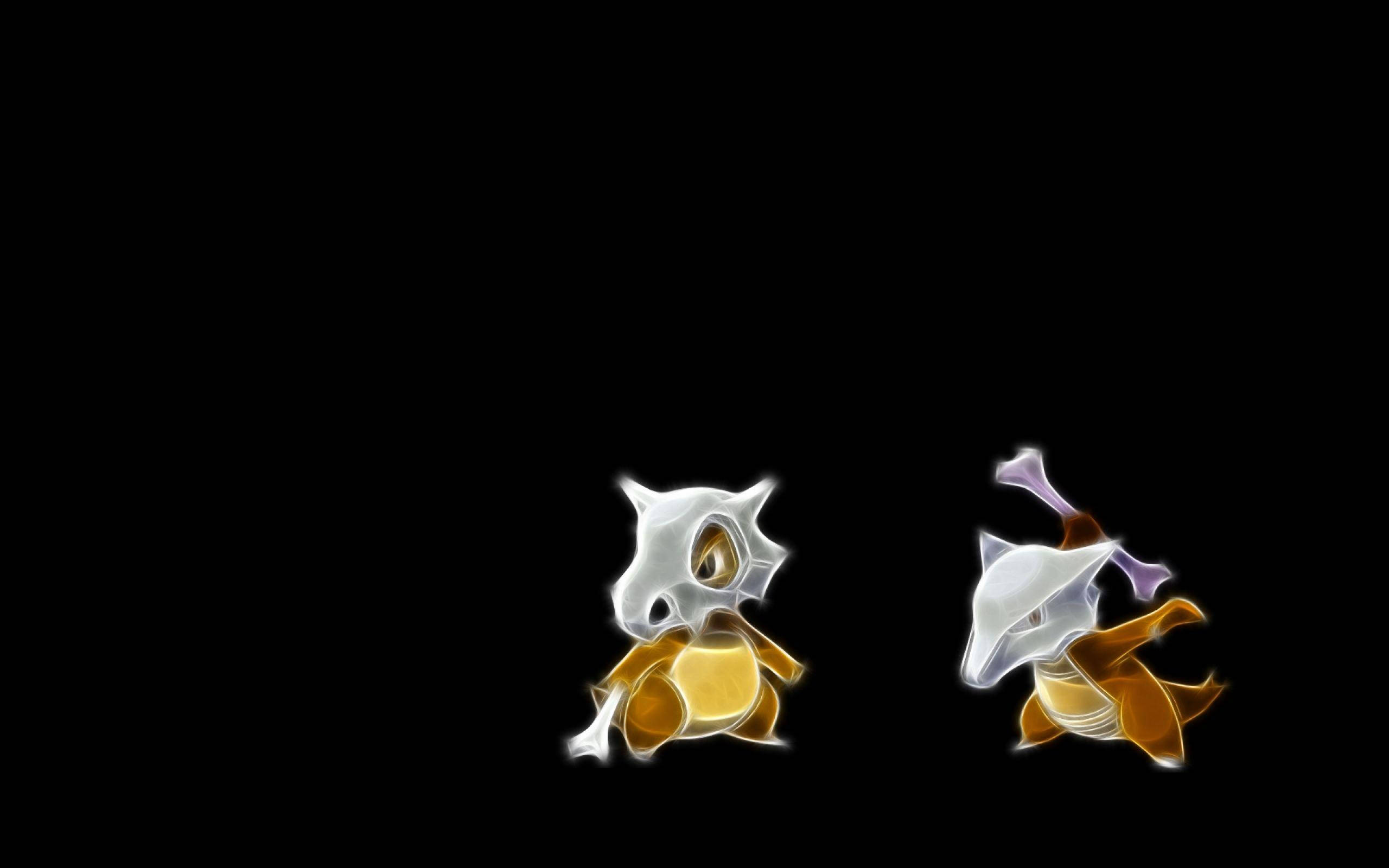 寶可夢 桌布 壁紙 — 兩個發光的 Pokémon 角色並排站立在帶有明亮白色和金色點綴的純黑色背景前。