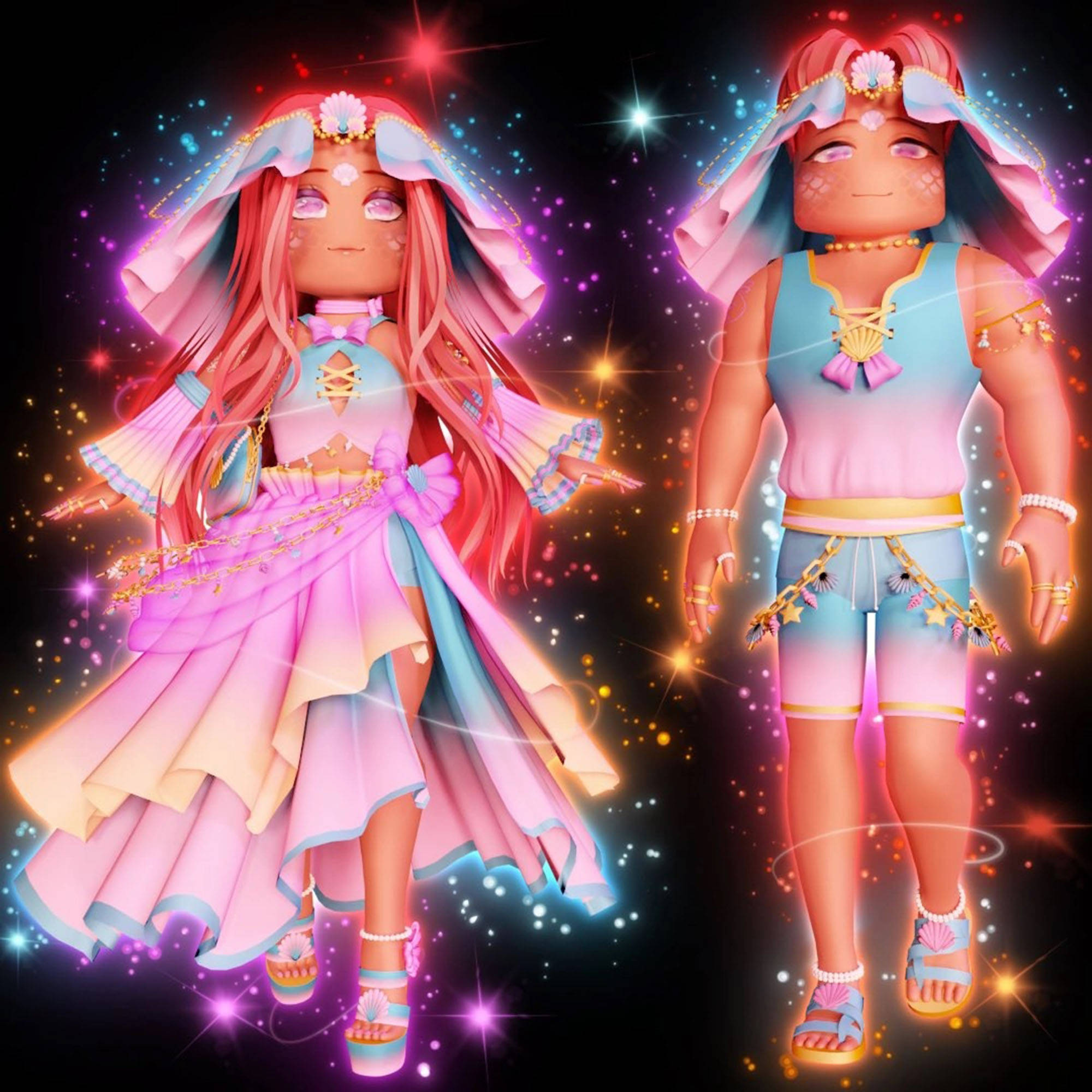high 桌布 壁紙 — 兩個發光的 Roblox 頭像穿著粉紅色和藍色的柔和色調服裝，站在閃爍的宇宙背景前。