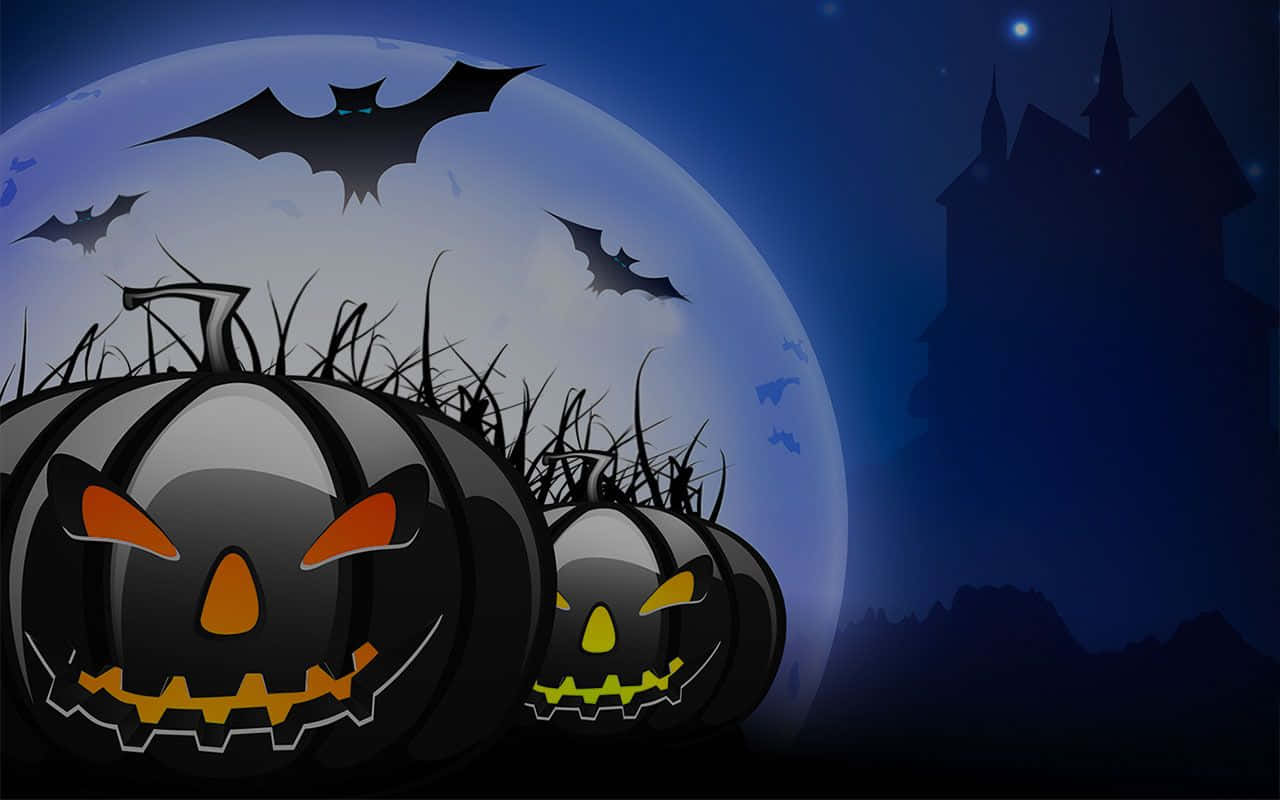 Animated Halloween 桌布 壁紙 — 兩個發光的傑克南瓜燈，有著鋒利的牙齒和發光的眼睛，坐在滿月前，背景有蝙蝠飛翔和一座陰森的城堡。