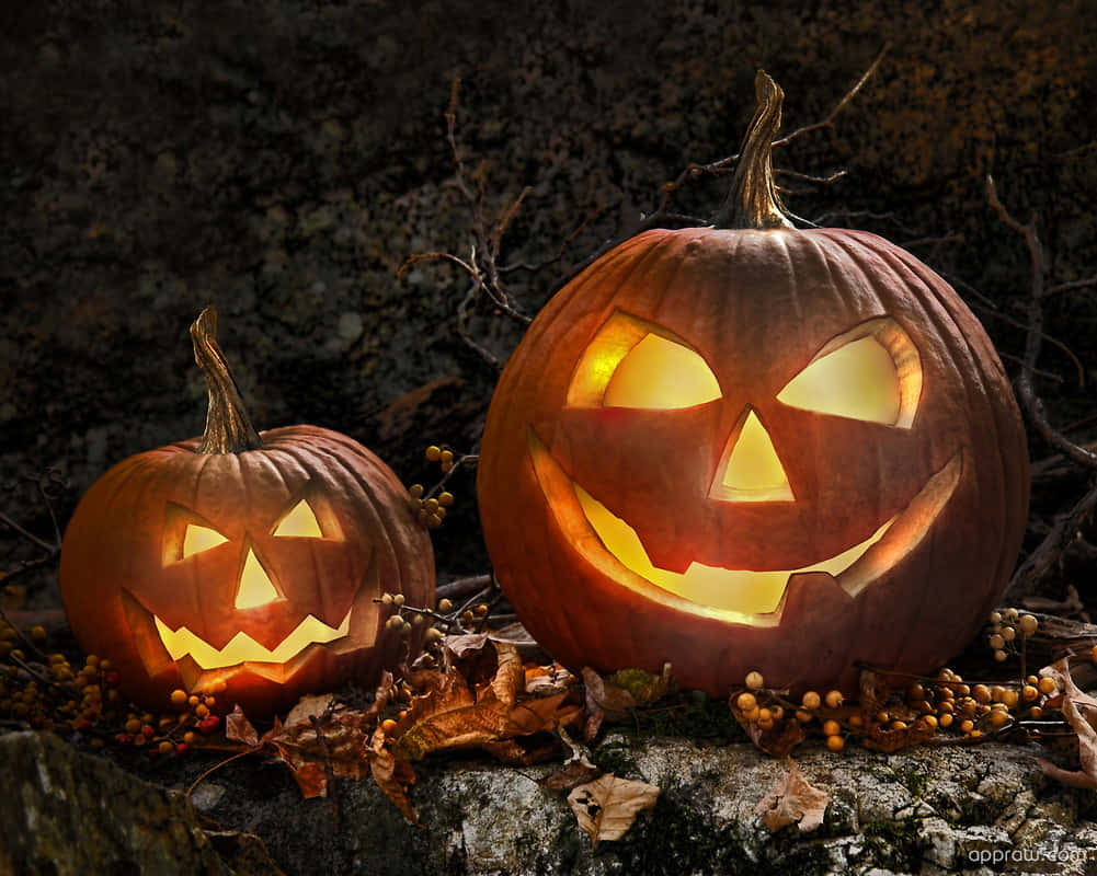 Jack O Lantern 桌布 壁紙 — 兩個發光的傑克南瓜燈，雕刻著笑容，坐在長滿苔蘚的石頭上，周圍環繞著秋葉和漿果。