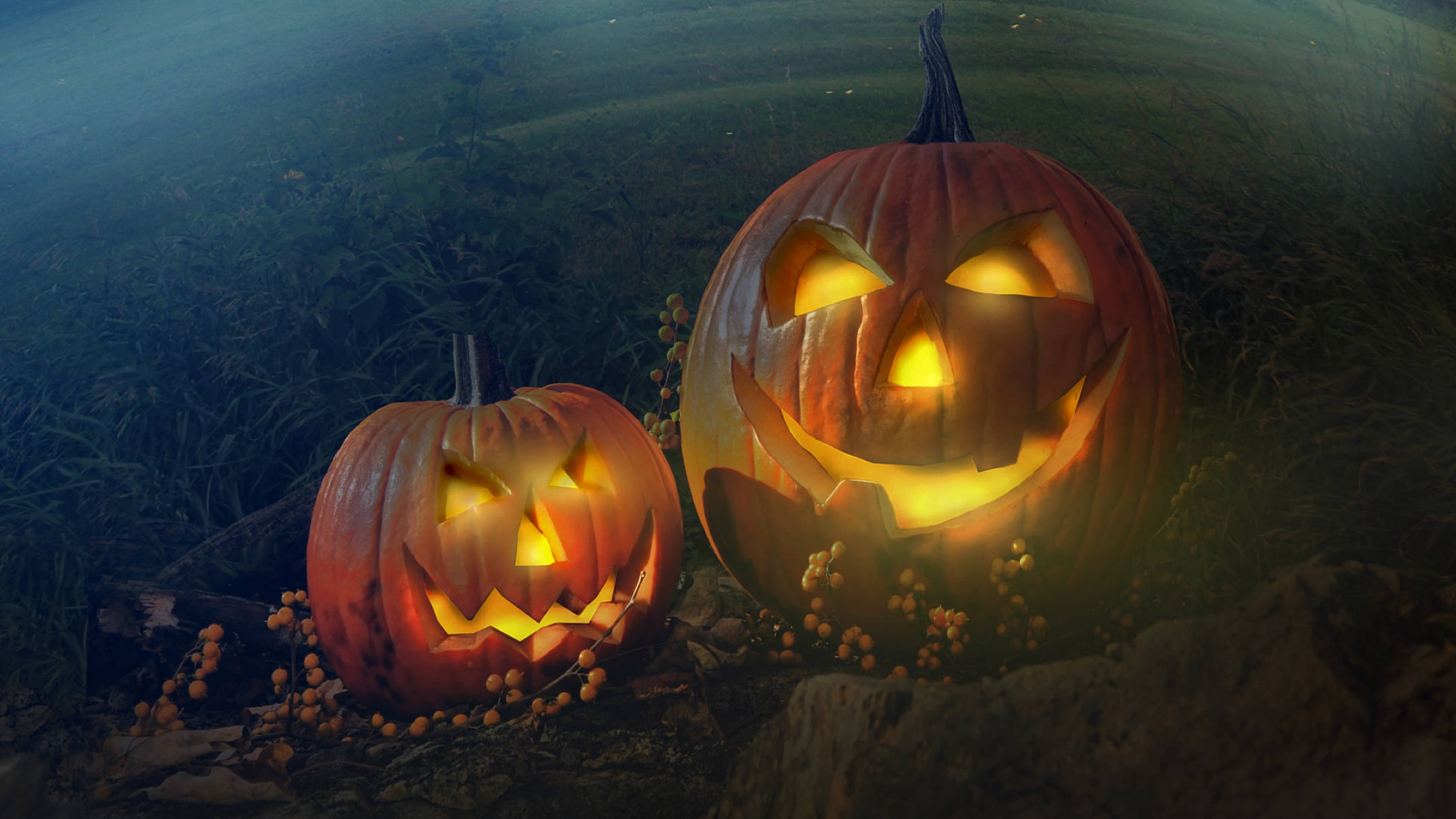 Halloween Aesthetic 桌布 壁紙 — 兩個發光的傑克南瓜燈，雕刻著笑容，坐在夜晚霧氣瀰漫的田野中，將溫暖的光芒投射在周圍的草地和漿果上。