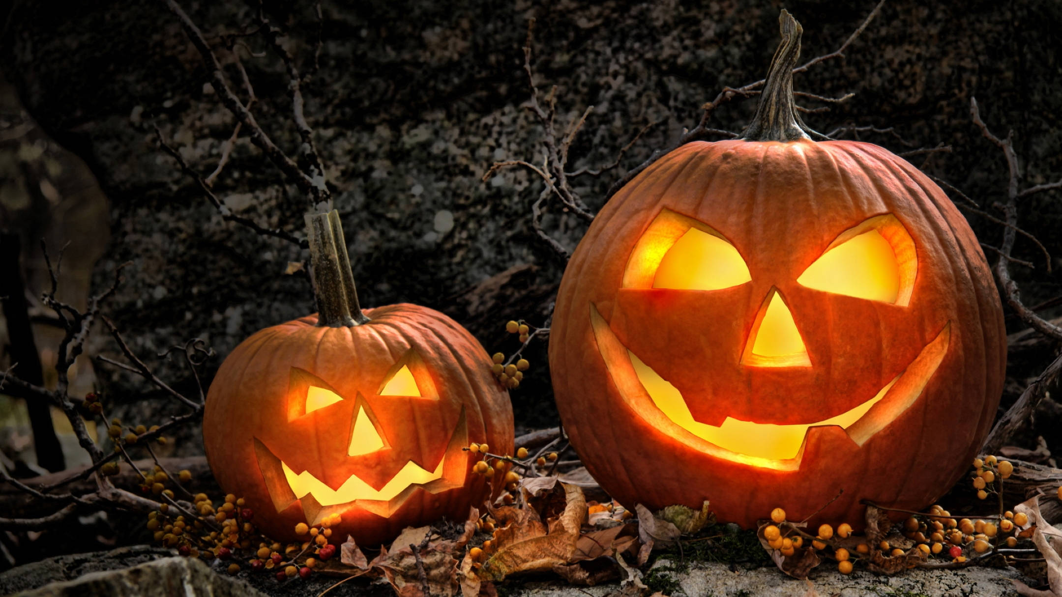 Halloween Aesthetic 桌布 壁紙 — 兩個發光的傑克南瓜燈，雕刻著笑容，坐在黑暗森林中的落葉和光禿禿的樹枝之間。