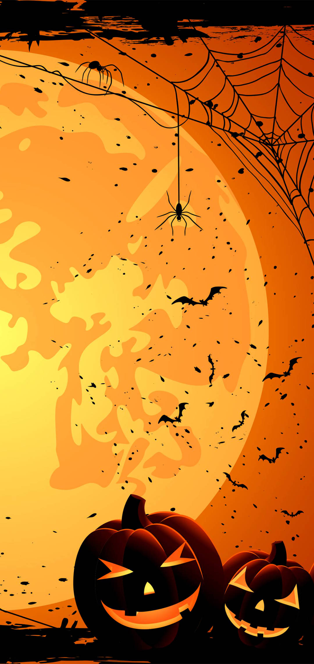 Halloween Phone 桌布 壁紙 — 兩個發光的傑克南瓜燈坐在火橙色的月亮下，蝙蝠、蜘蛛和蜘蛛網營造出詭異的萬聖節夜晚場景。