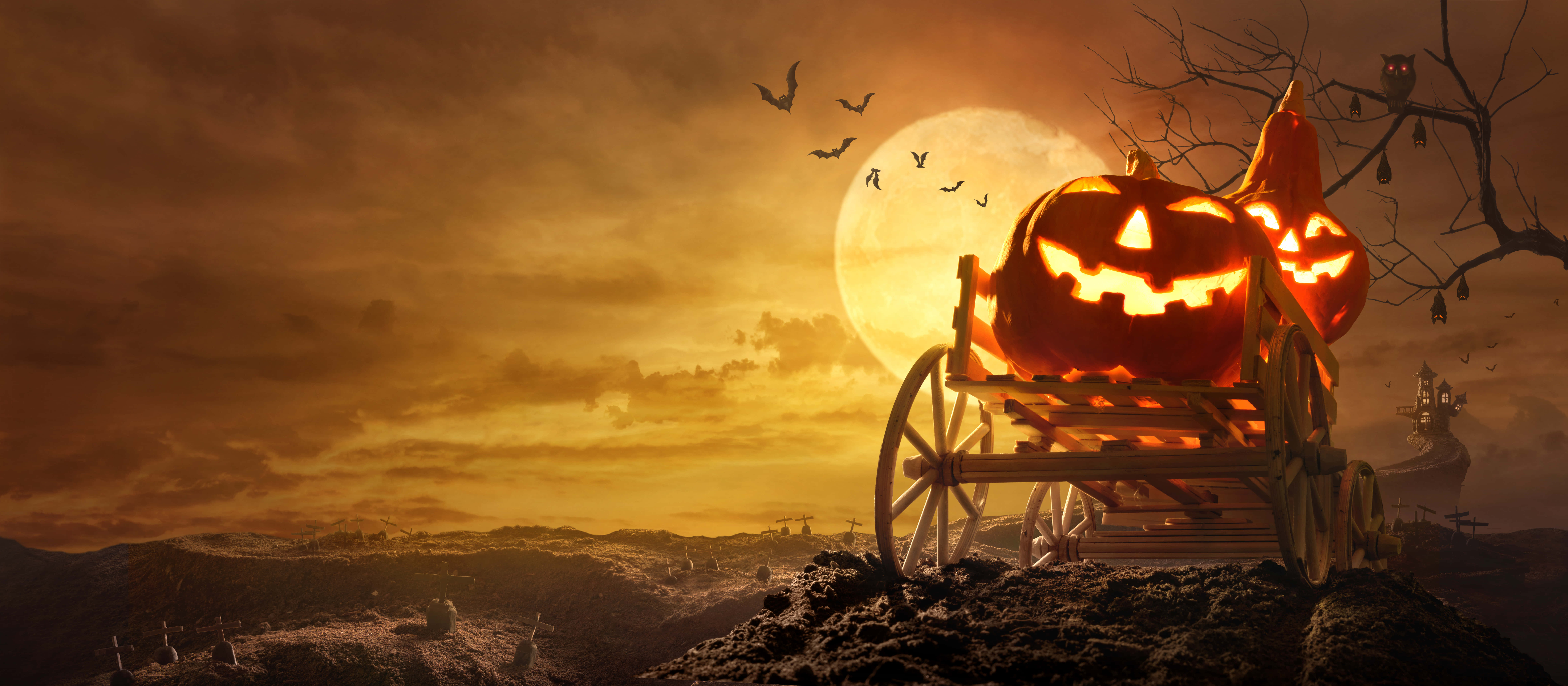 Spooky Halloween 桌布 壁紙 — 兩個發光的傑克南瓜燈放在木製馬車上，滿月下蝙蝠飛舞，營造出詭異的秋日景觀。
