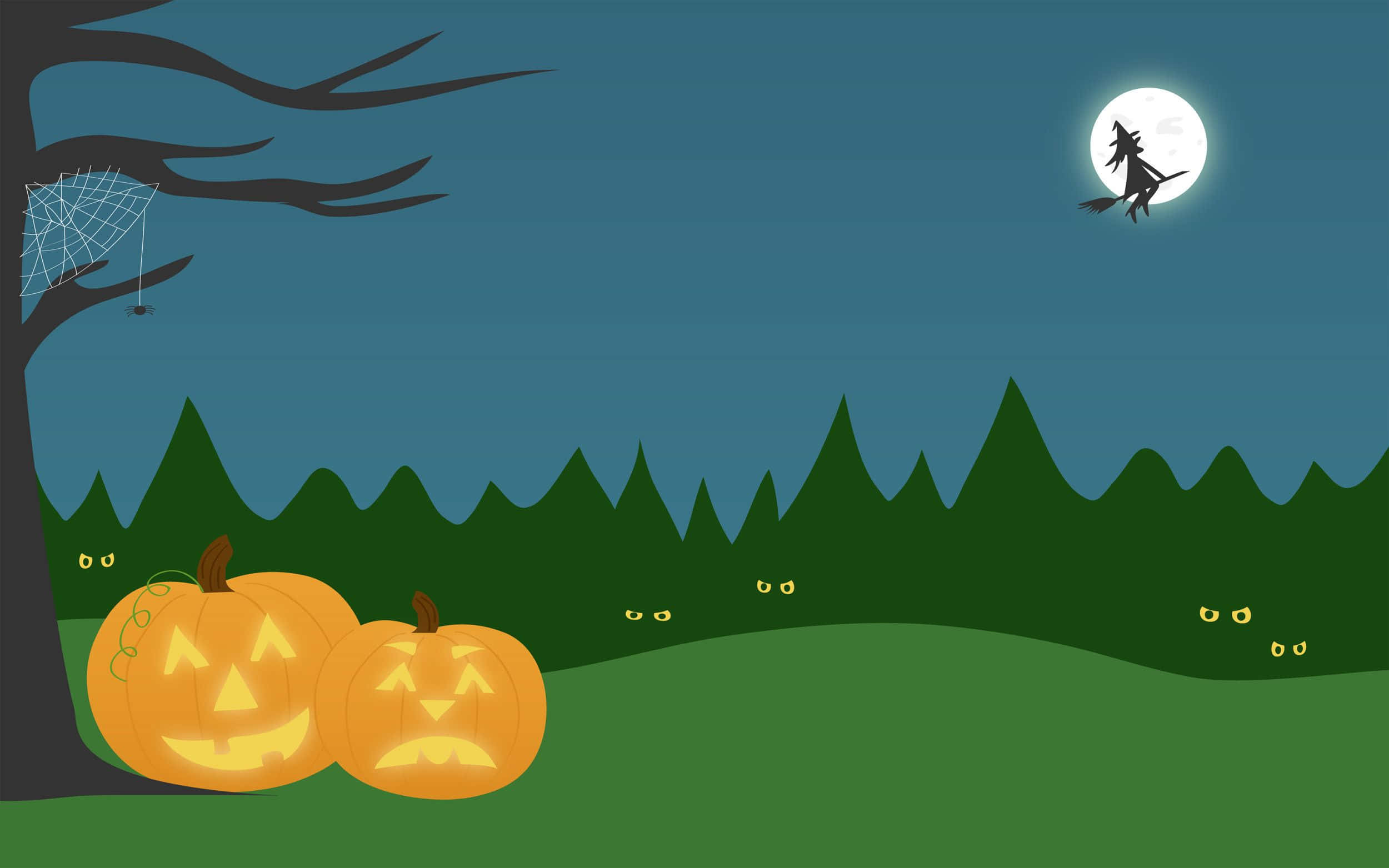 Halloween Cute 桌布 壁紙 — 兩個發光的南瓜燈放在一棵陰森的樹下，女巫飛過滿月，灌木叢中閃爍著發光的眼睛。