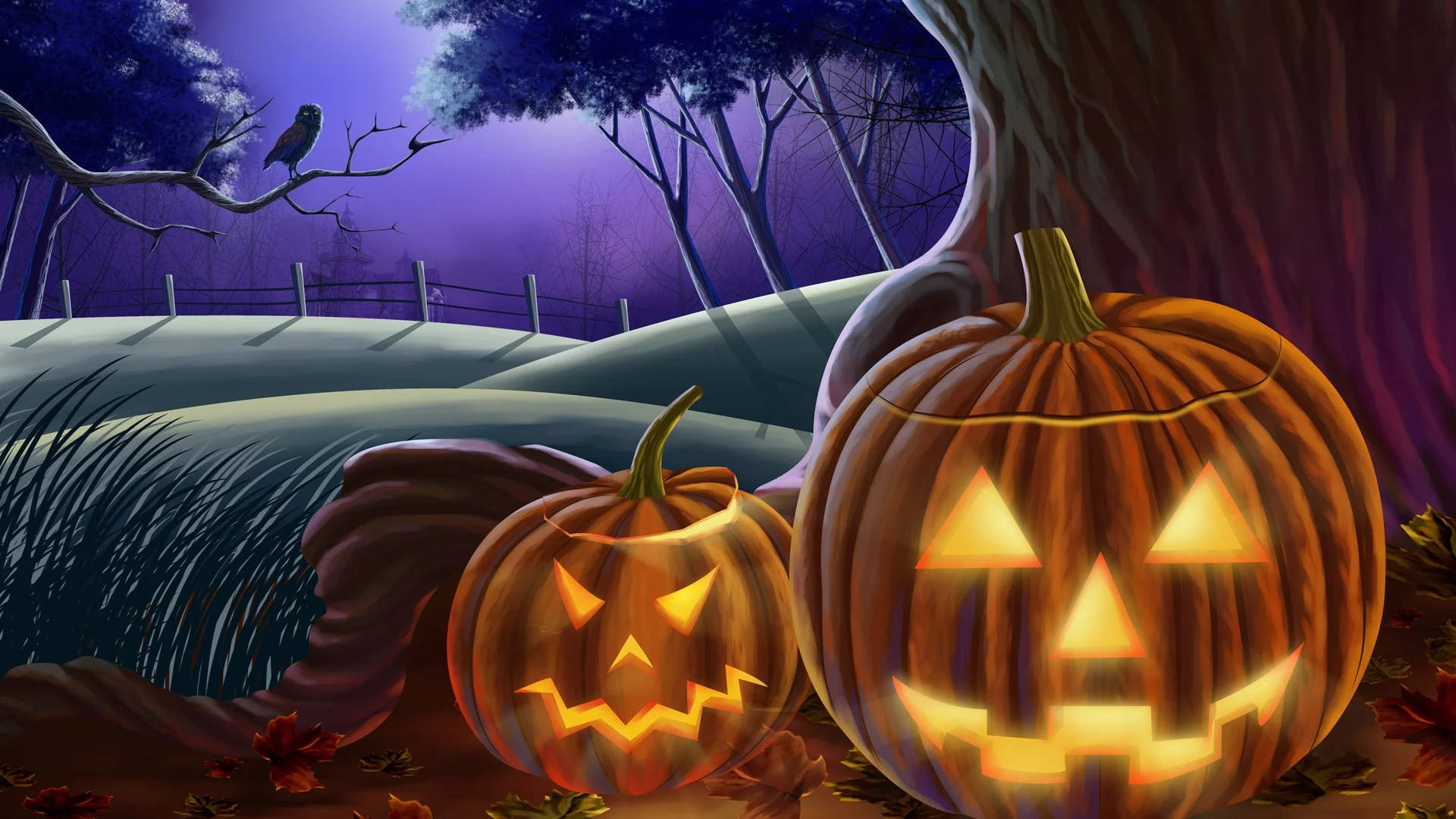 Vintage Halloween 桌布 壁紙 — 兩個發光的南瓜燈籠放在紫色暮色天空下，一隻烏鴉棲息在光禿禿的樹枝上，身處陰森的森林中。