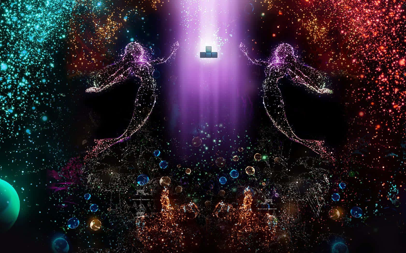connected 桌布 壁紙 — 兩個發光的宇宙美人魚在星空中跳舞，一道紫色光束照亮了她們上方漂浮的俄羅斯方塊。