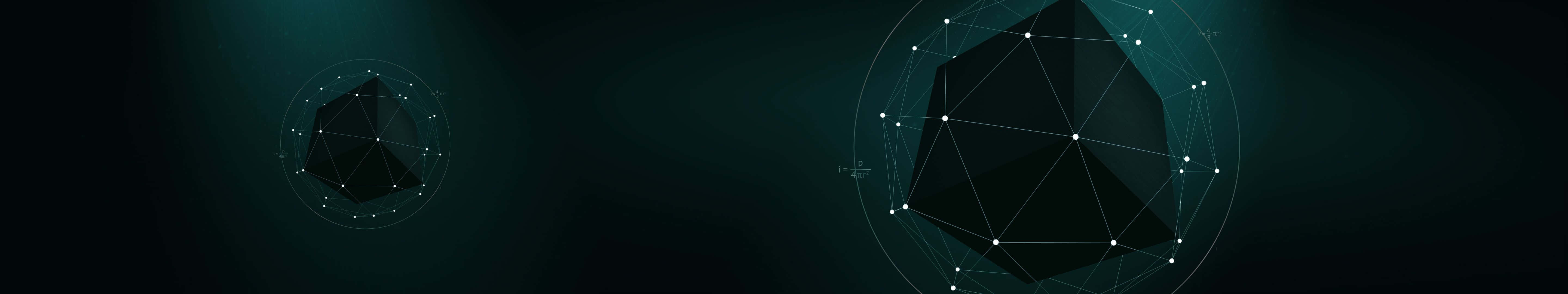 Geometric 桌布 壁紙 — 兩個發光的幾何多面體漂浮在帶有微弱圓形輪廓的深青色數位虛空中。