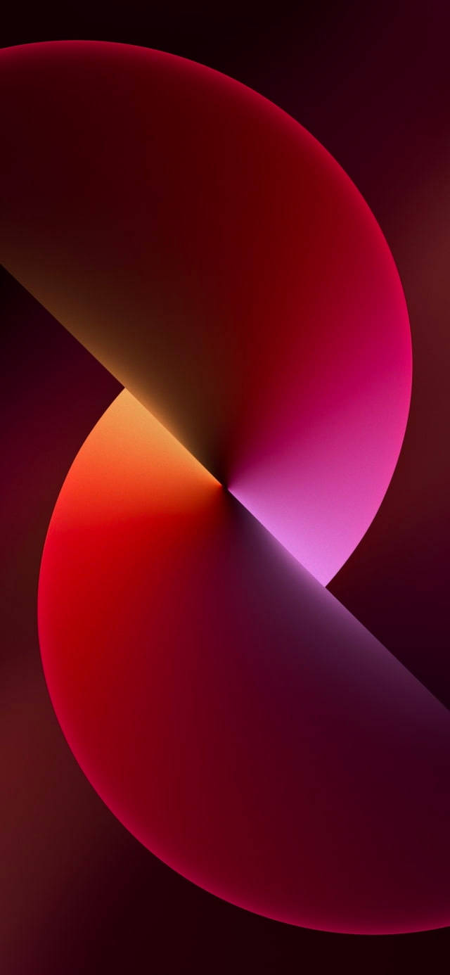 Apple iPhone 預設 桌布 壁紙 — 兩個發光的彎曲形狀，深紅色和洋紅色，在深色背景上與溫暖的橙色核心相交。