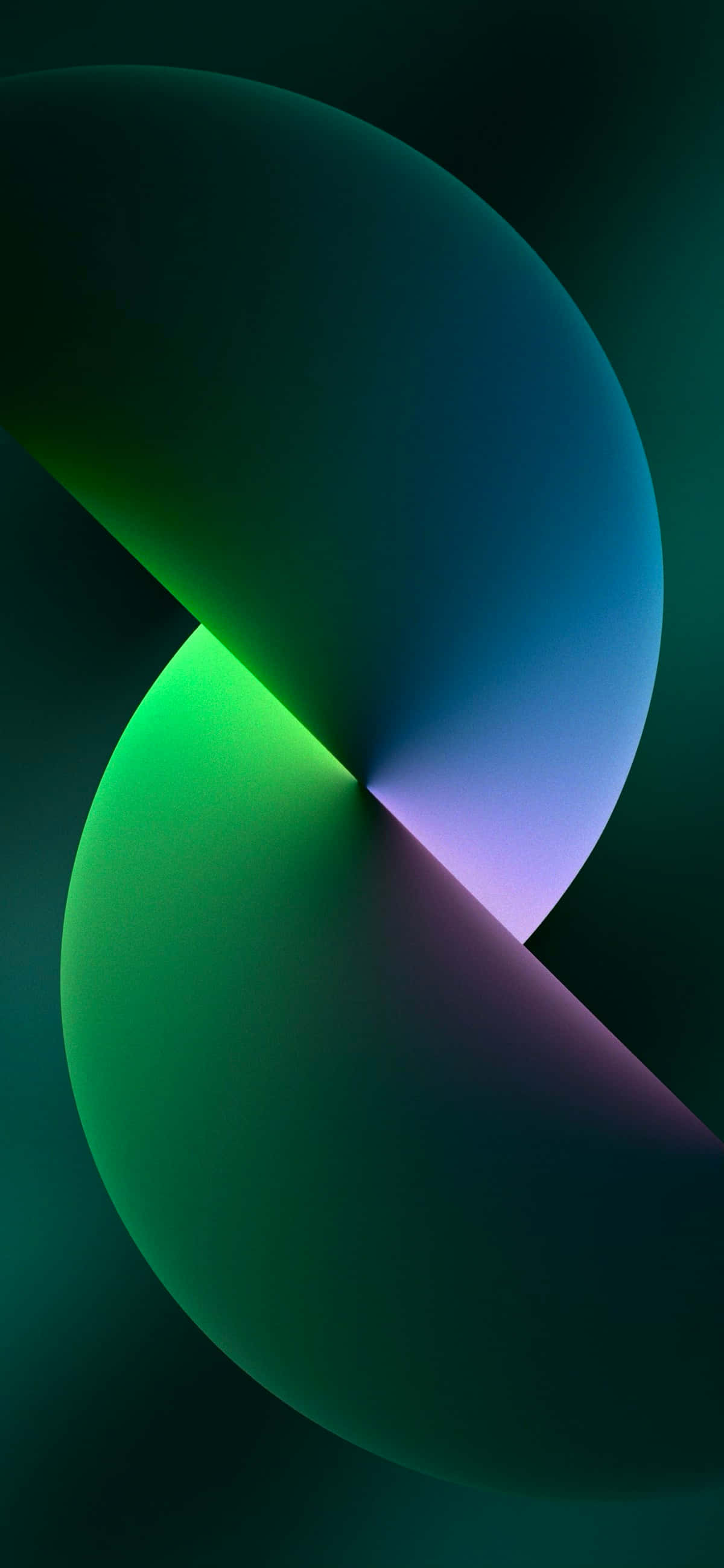 iPhone 11 Green 桌布 壁紙 — 兩個發光的彎曲形狀在深色背景上以綠色、藍色和紫色的漸層相交。