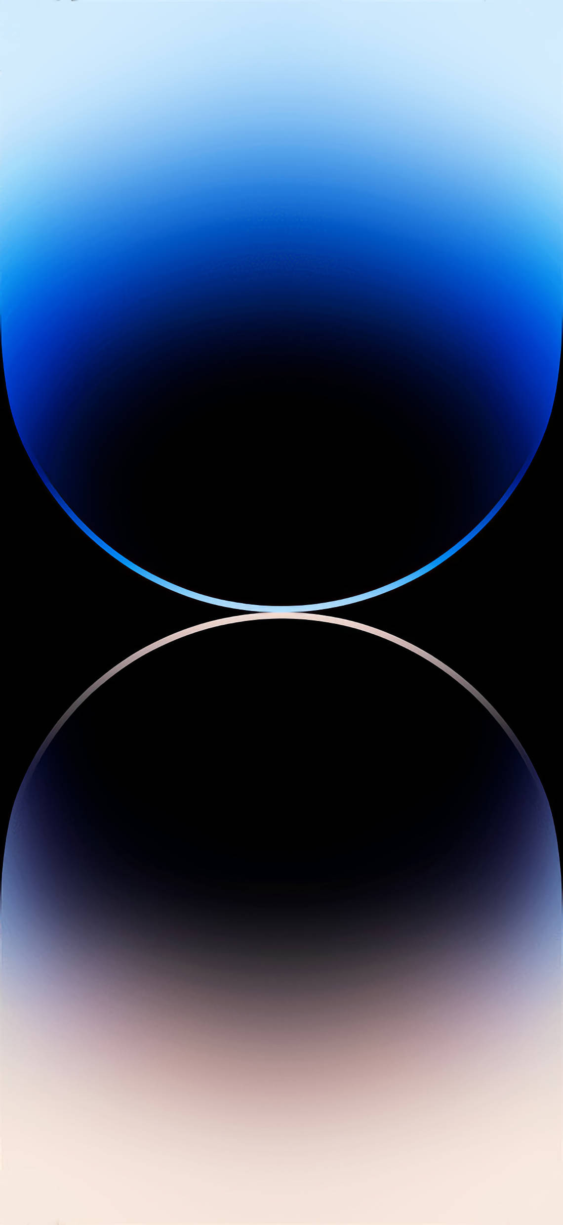 iPhone 14 Pro 壁紙 桌布 壁紙 — 兩個發光的彎曲球體漂浮在深色背景上，帶有柔和的藍色和粉紅色漸變。